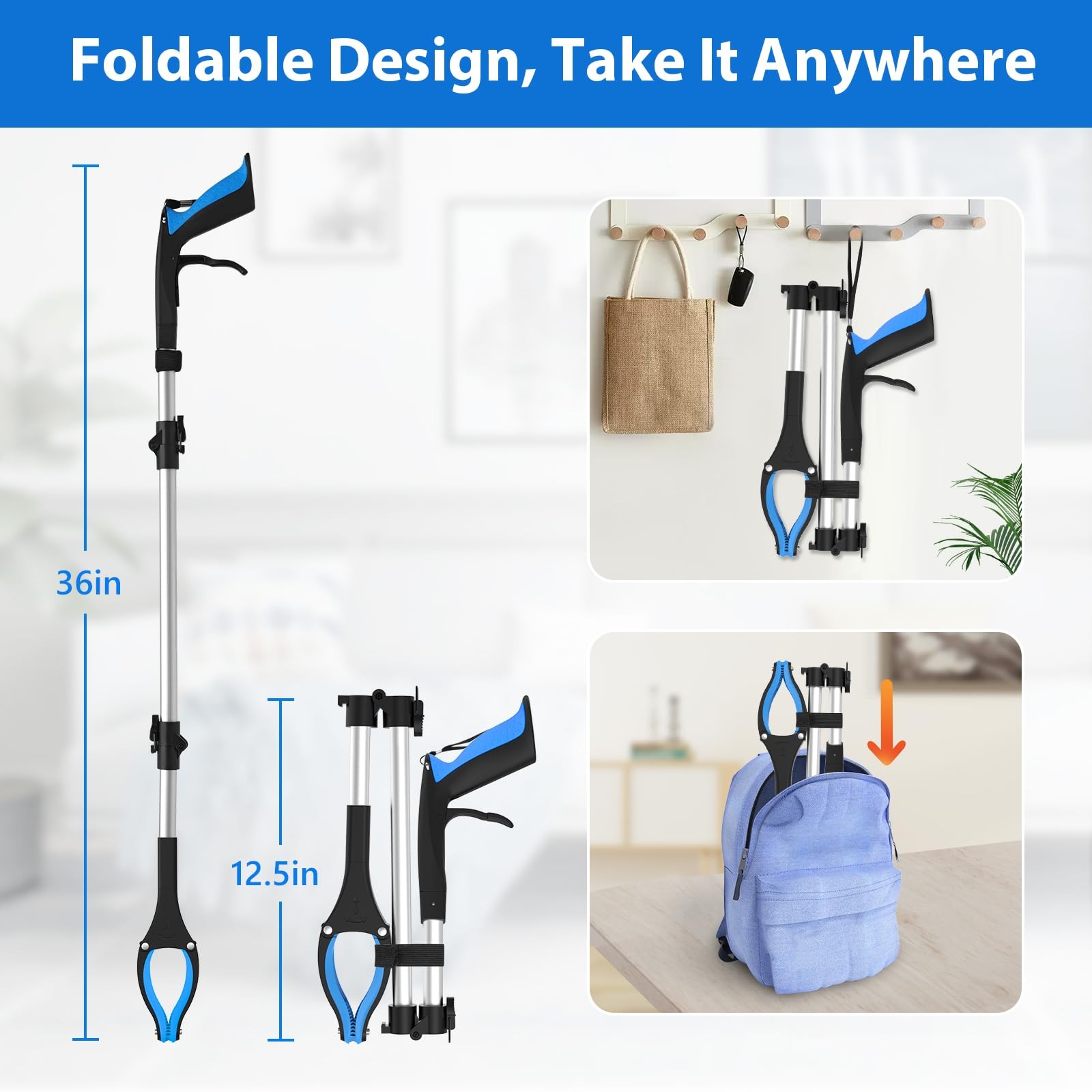Rewkcy Grabber Reacher Tool 36 Inch Foldable Grabber Anti-Slip 360 Rotating Jaw