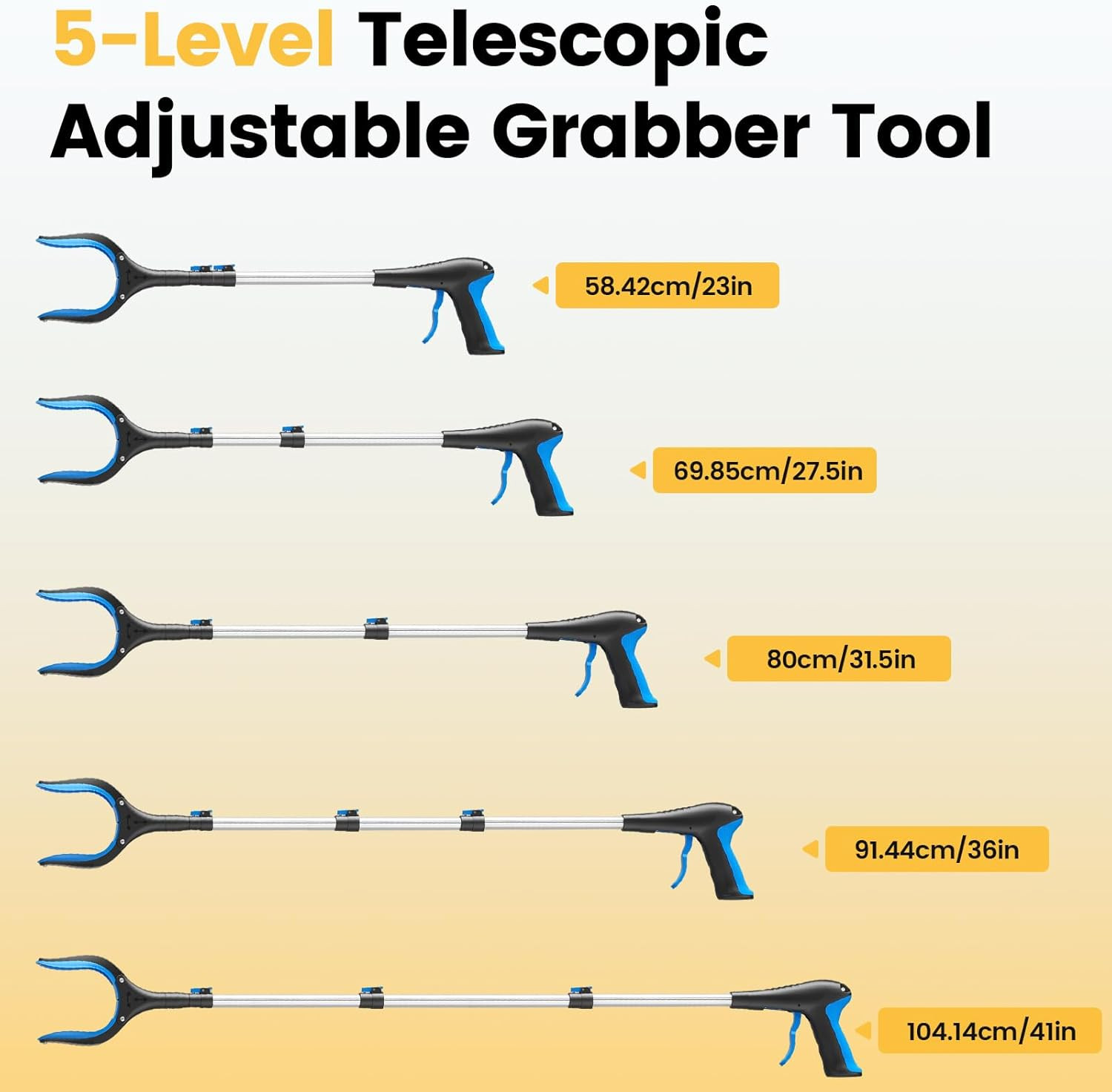 Telescopic Grabber Reacher Tool, 5-Level Adjustable Length (23” to 41”) – Tras