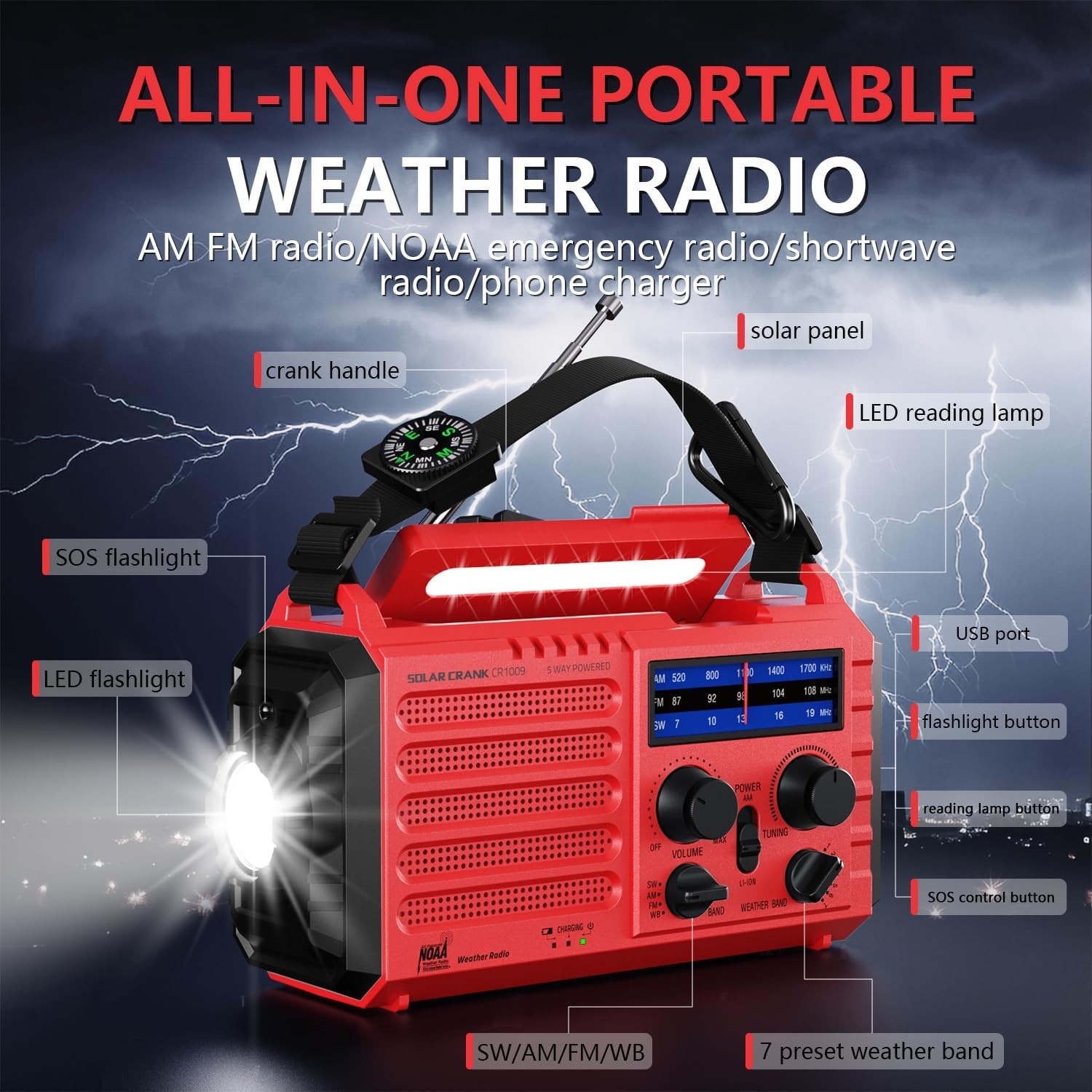 Emergency Solar Hand Crank Radio, AM/FM/SW NOAA Weather Alert Radio, Flashlight,