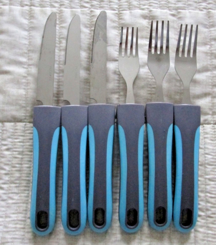 Adaptive Utensils Set – 6 Piece 3 Forks 3 Knifes, Pulse Brand, Blue / Gray, New