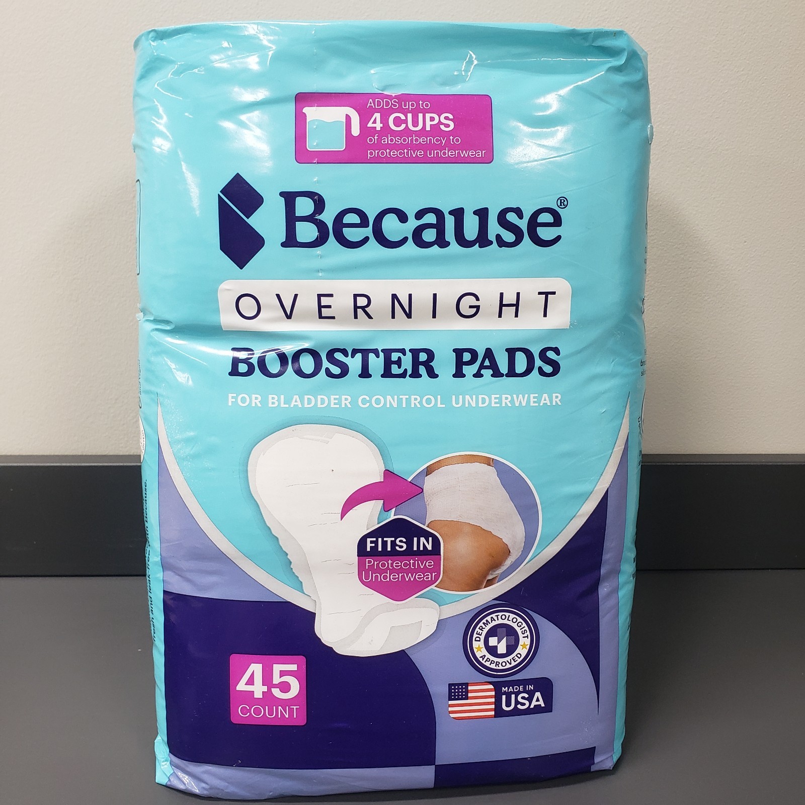 Because Overnight Booster Pads Fits All Adult Diapers, 45 Count, White