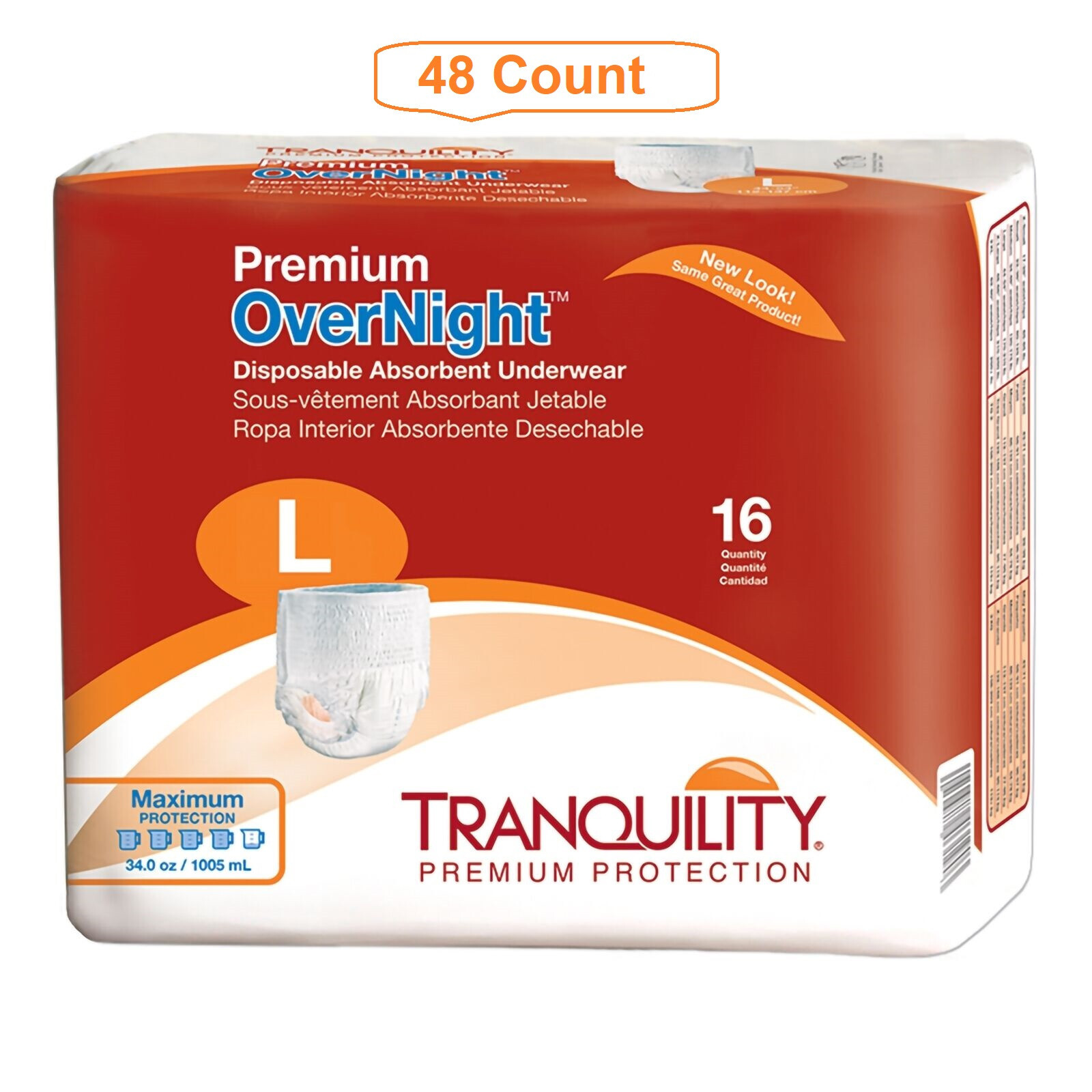 Tranquility Premium Overnight Underwear, LARGE, 44 to 54 Inch – 48/Pack