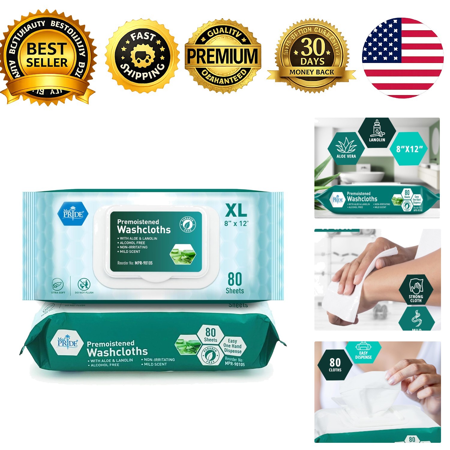 Disposable XL Premoistened Washcloths 8×12 Pack of 80 Adult Incontinence Wipes
