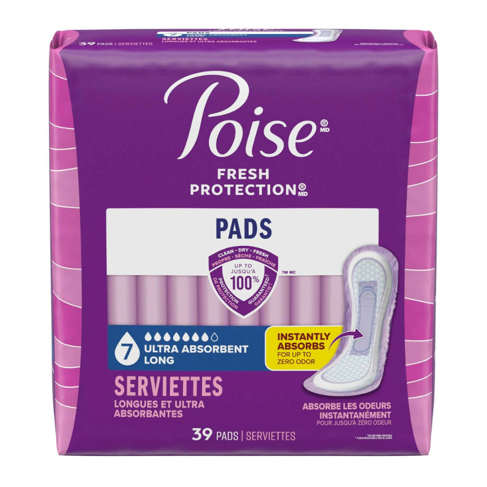 Poise Incontinence Pads for Women, 7 Drop Ultra Absorbency, Long Length, 39Count