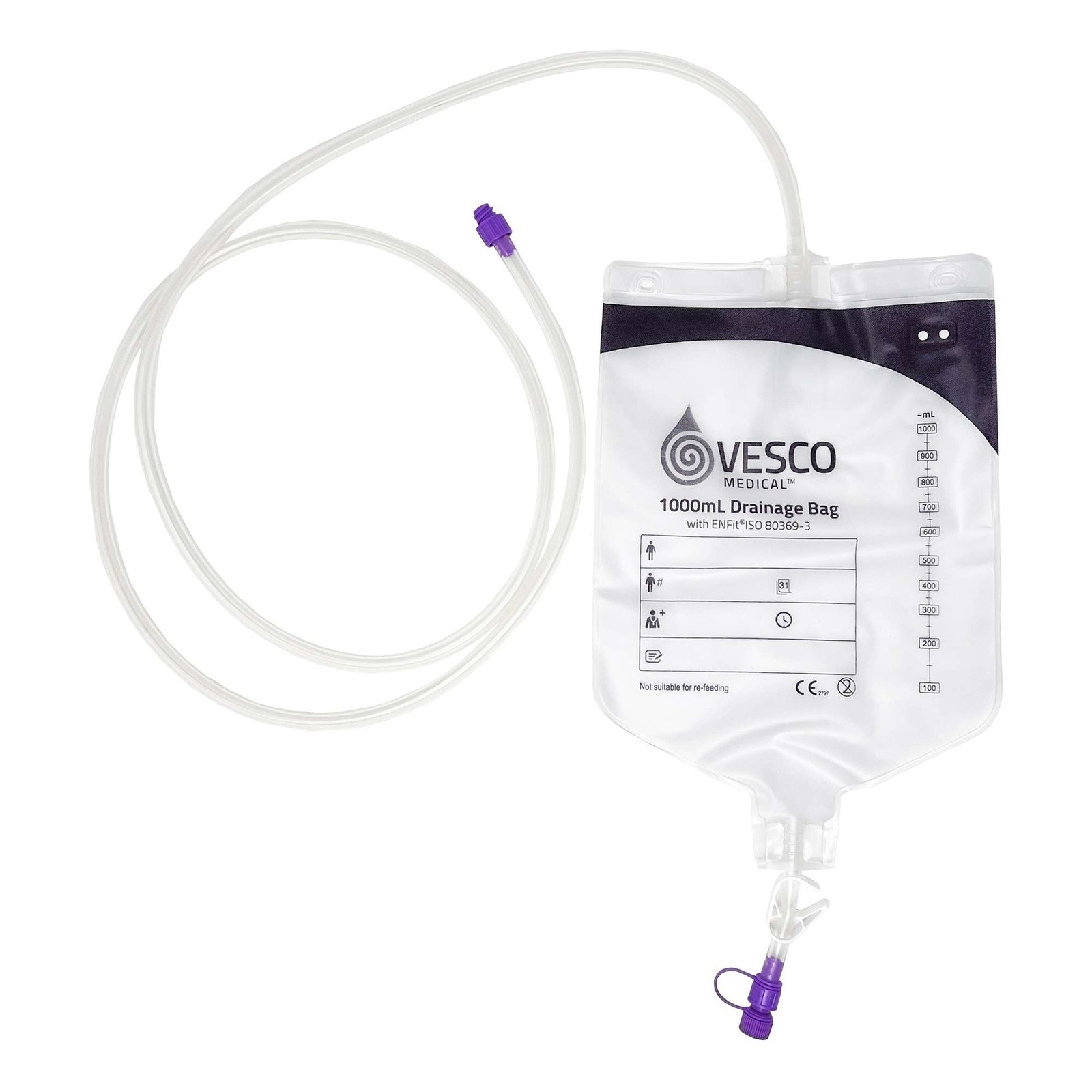 Vesco Medical Enteral Drainage Bag with ENFit Connector, 60 Inch, 1000 mL