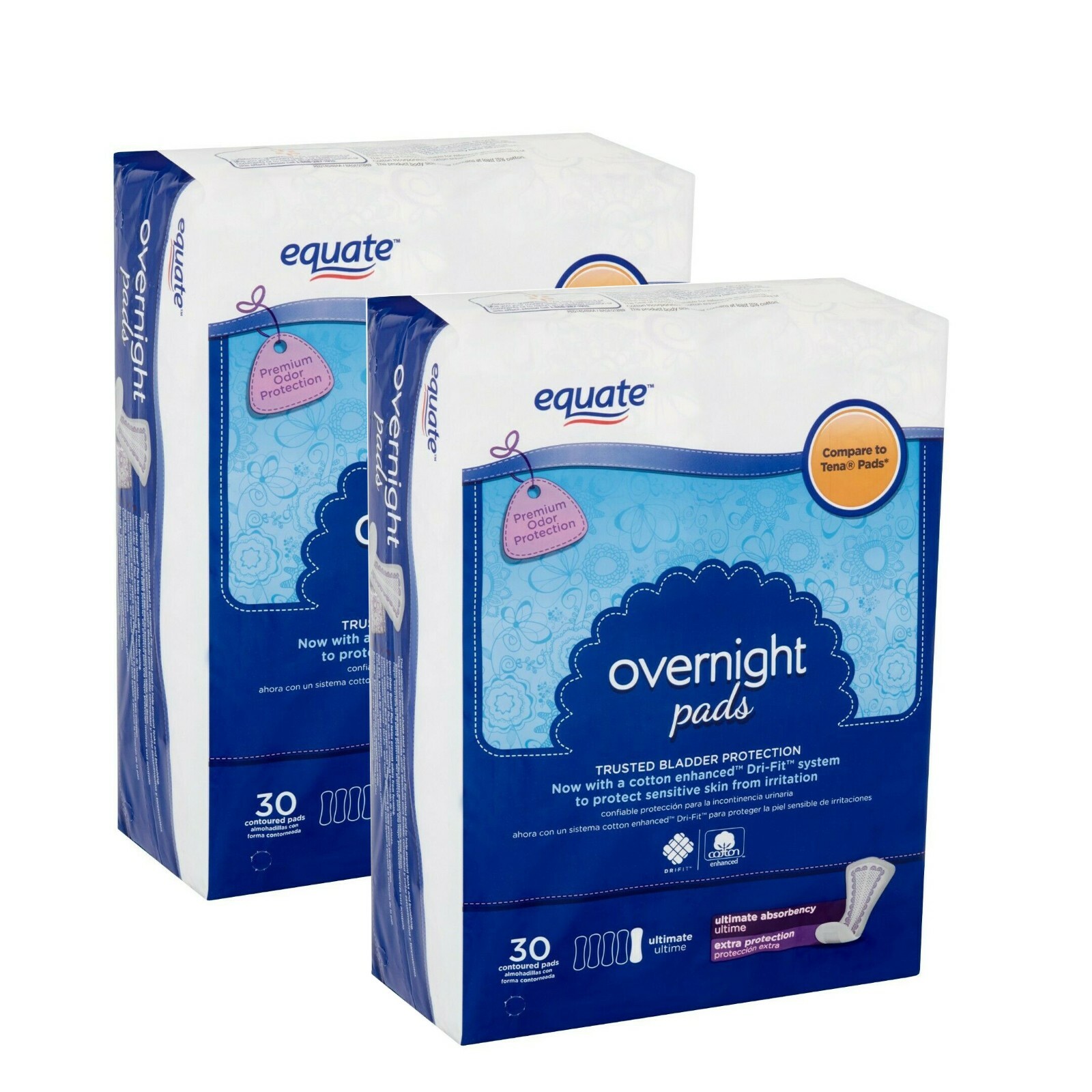 60 Count Equate Overnight Women Incontinence Pads Ultimate Absorbency USPS Ship
