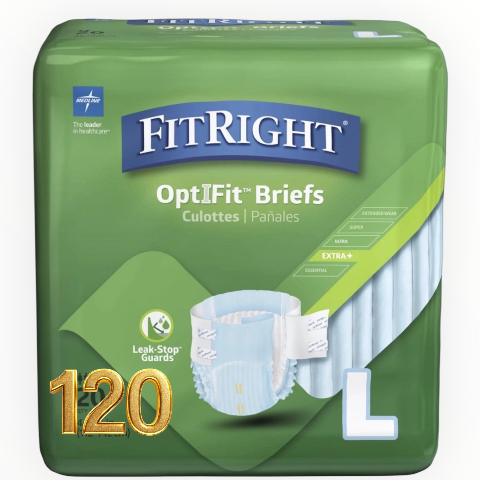 120 CTS, 6 PKs FitRight OptiFit Incontinence Briefs w/ Tabs, for Large Leak