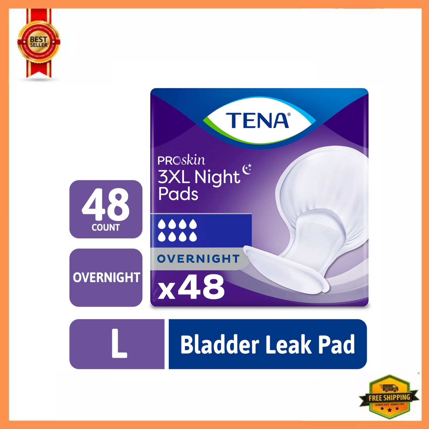 TENA ProSkin 3XL Overnight Incontinence Pads Unisex 48Ct