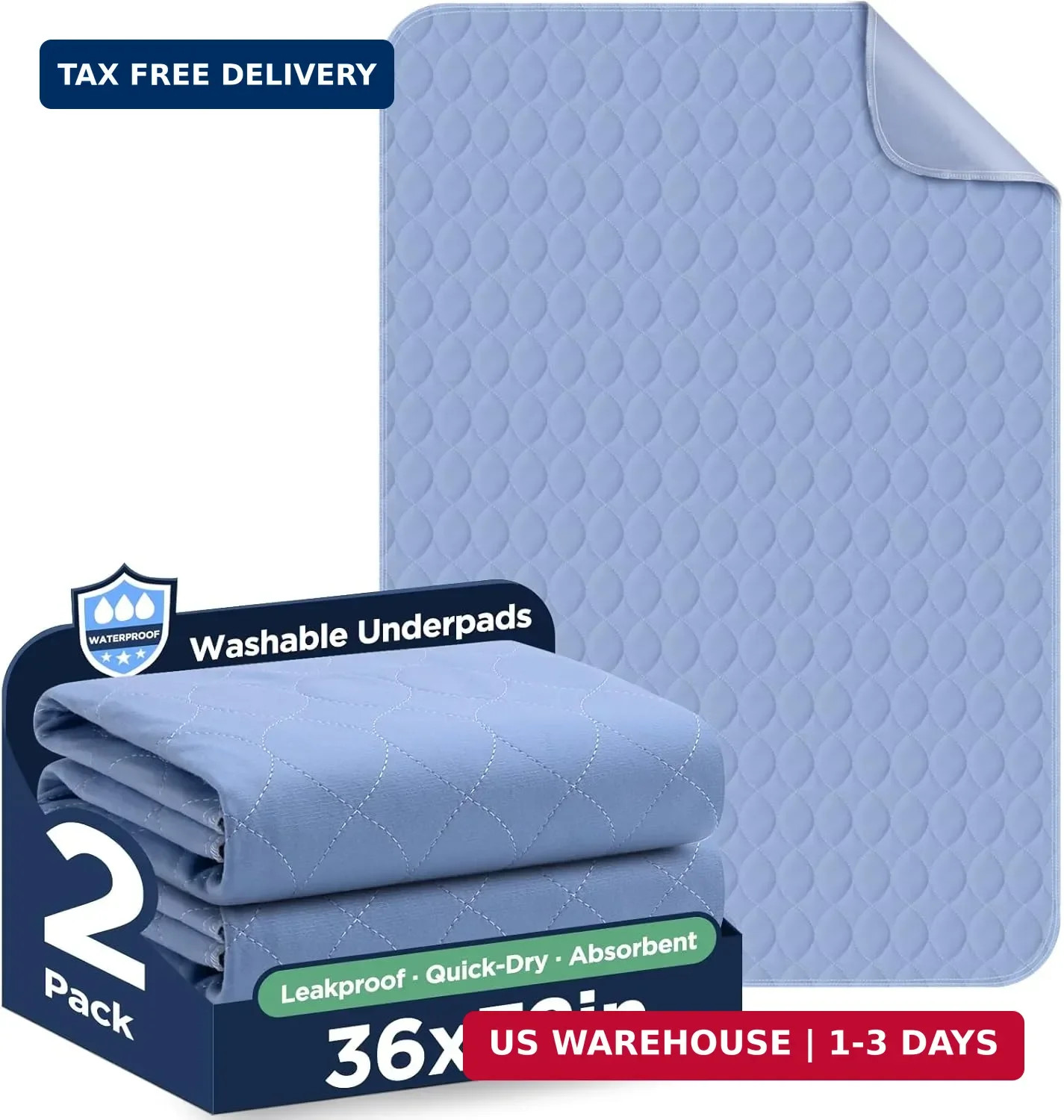 Washable Bed Pads 36″ x 72″ – 2 Pack, Blue, Waterproof Bed Pads for Incontinence