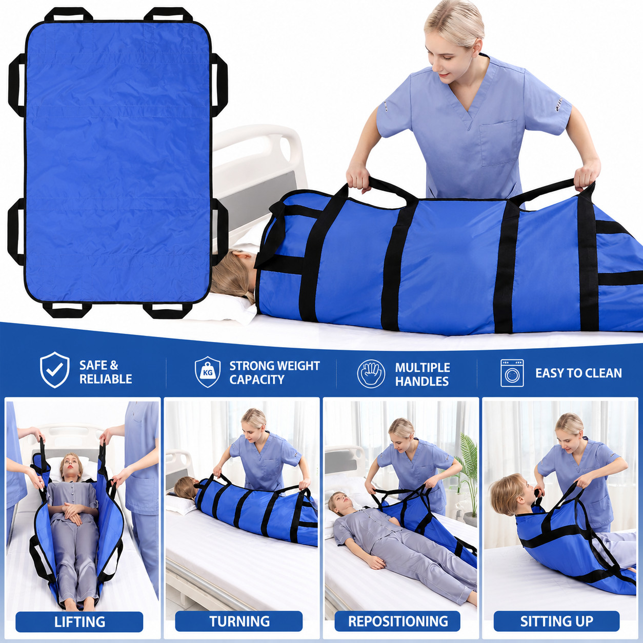 72″x40″ Transfer Sheet Positioning Bed Pad Reusable Washable Handles Blue