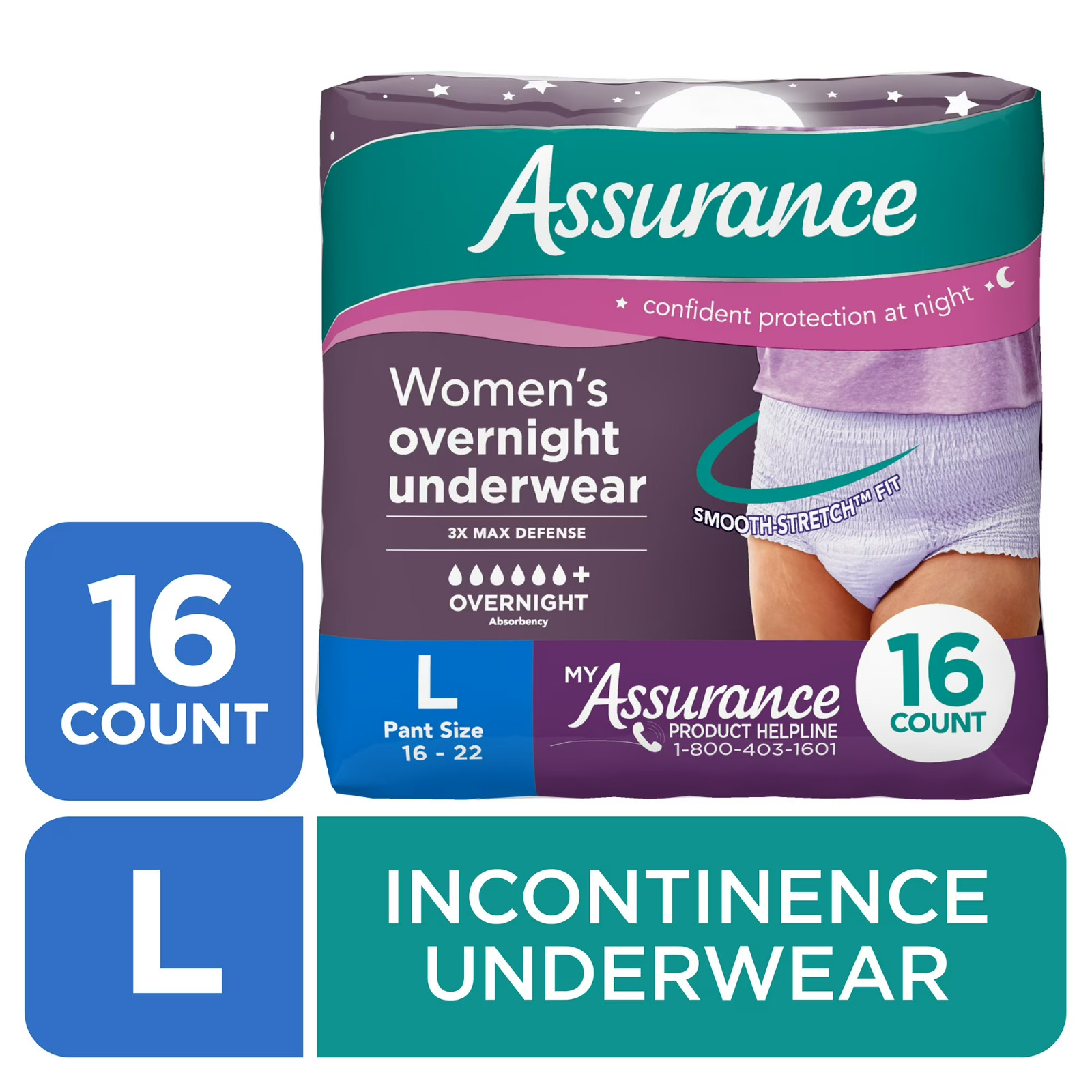 Assurance Women’s Incontinence & Postpartum Underwear, XL, Overnight, 16 Ct