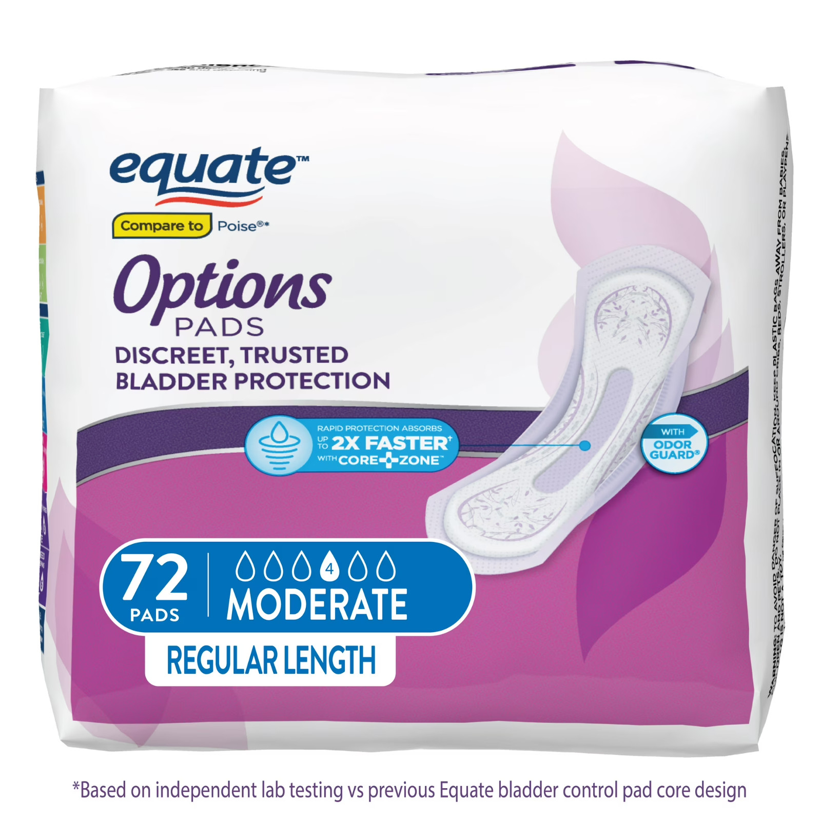 2 Pack Equate Options Moderate-Heavy Incontinence Pads for Women, 72 Ct, White