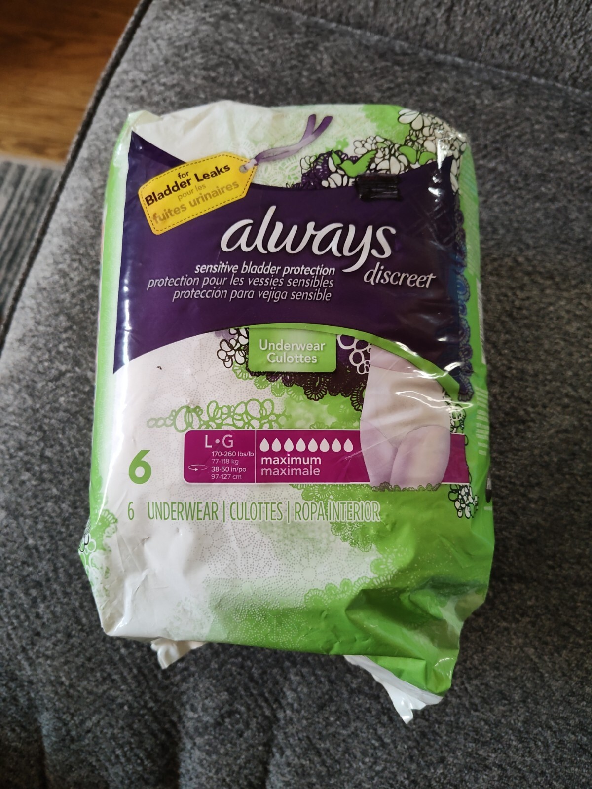 Always Discreet 6 Underwear L 170-250 LBS Sensitive Bladder Leaks Protection