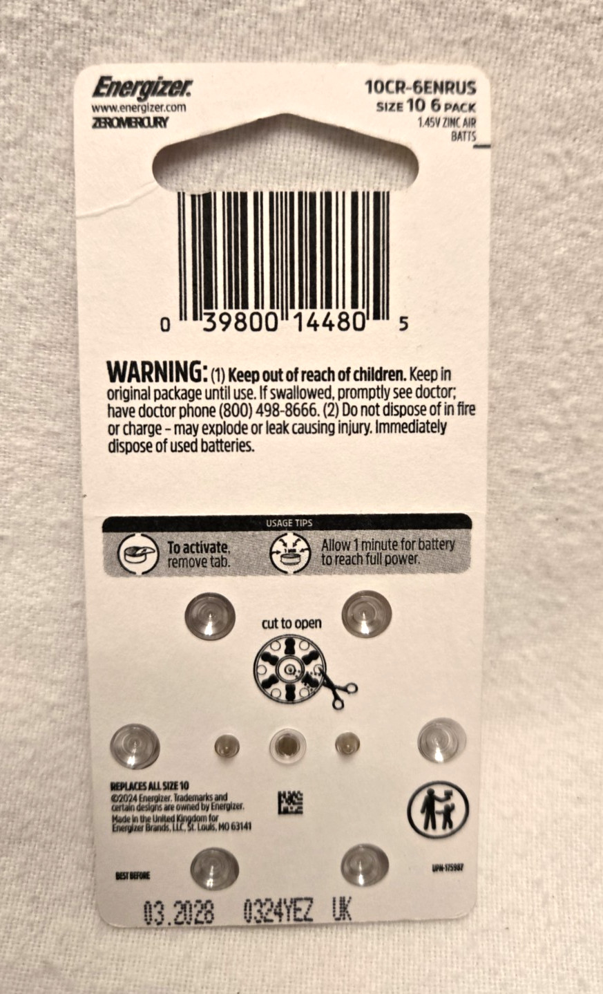 Energizer Hearing Aid Batteries. Size 10 – 6 ct. Yellow. Lot of 3 packs. * NEW *