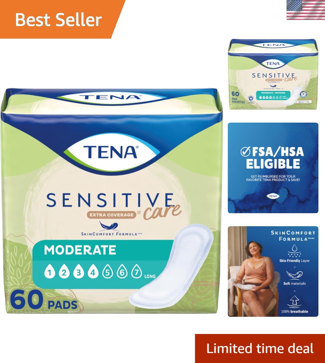 60 Count Sensitive Care Long Incontinence Pads – Triple Protection for Adults