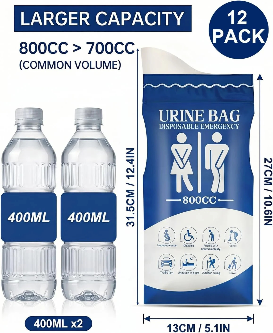 24PCS Disposable Urine Bags 800ML Portable Emergency Urinal for Travel