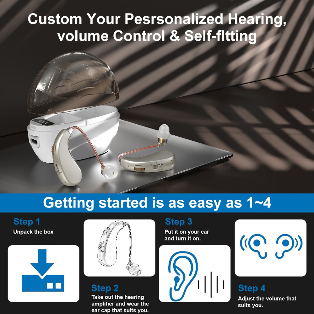 1 Pair Digital Hearing Aid Severe Loss Rechargeable BTE Ear Aids & Charging Case