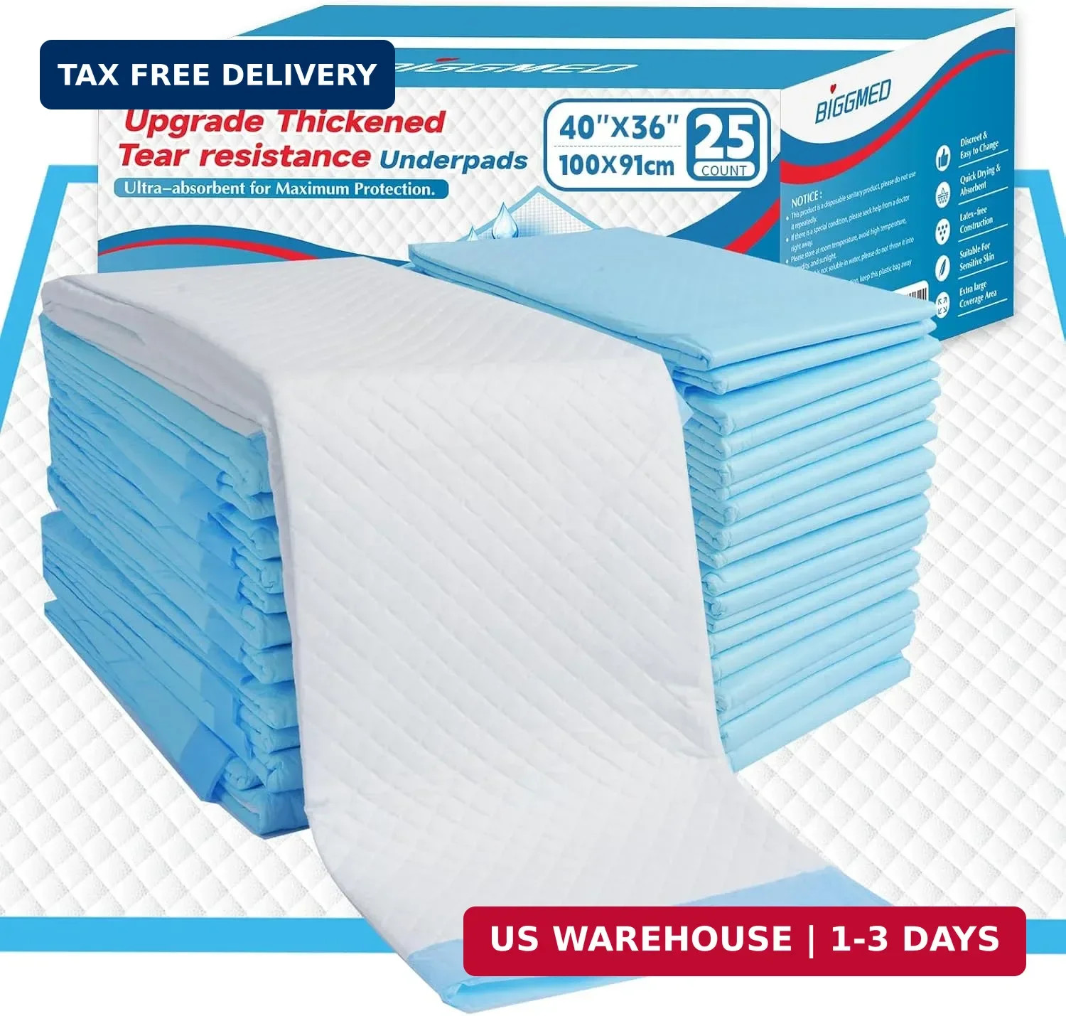 BIGGMED Tear-Resistant Incontinence Bed Pads 40” x 36” 130 Gram Heavy Duty (25