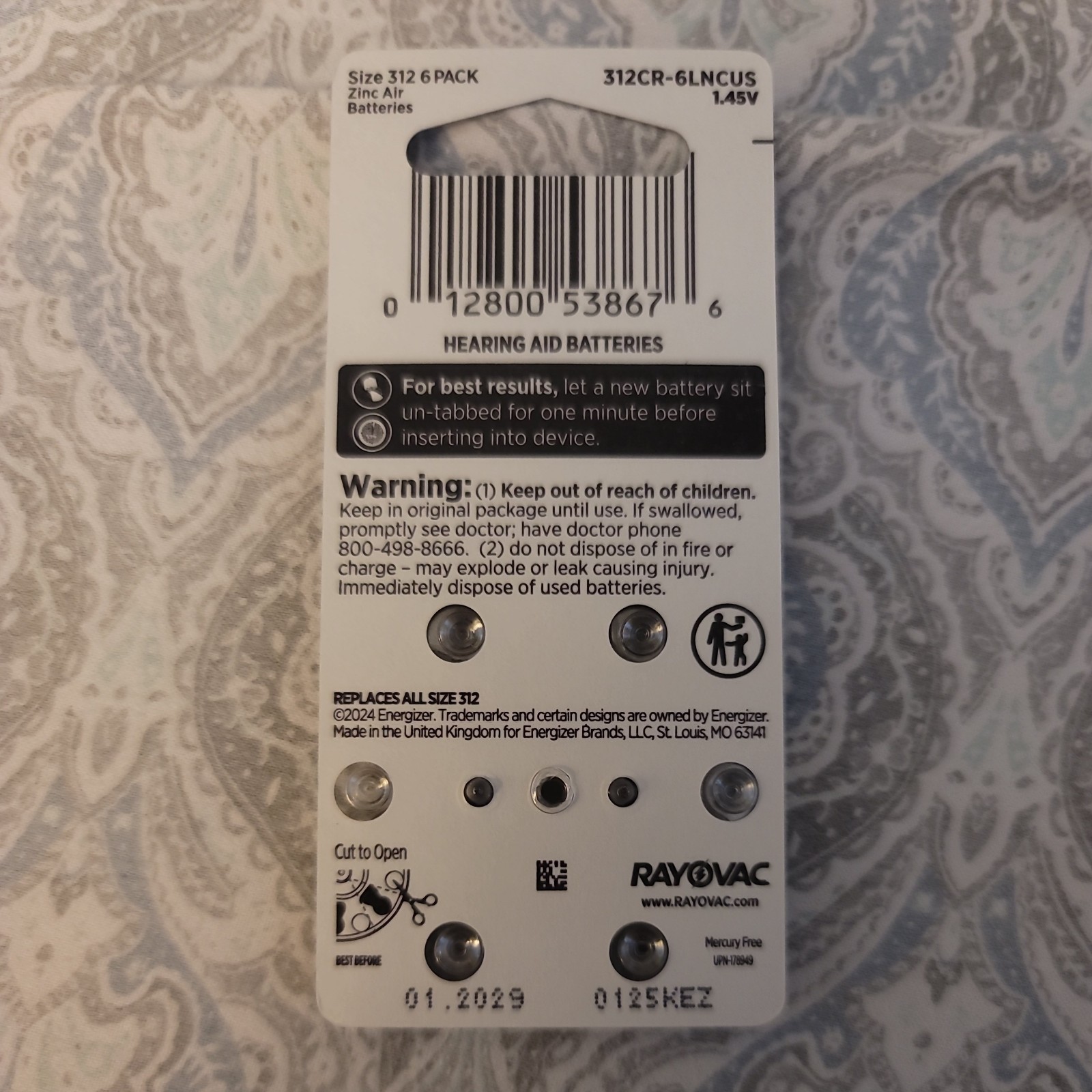 Rayovac Size 312 Loud N Clear Hearing Batteries – 60 total Exp 01/2029