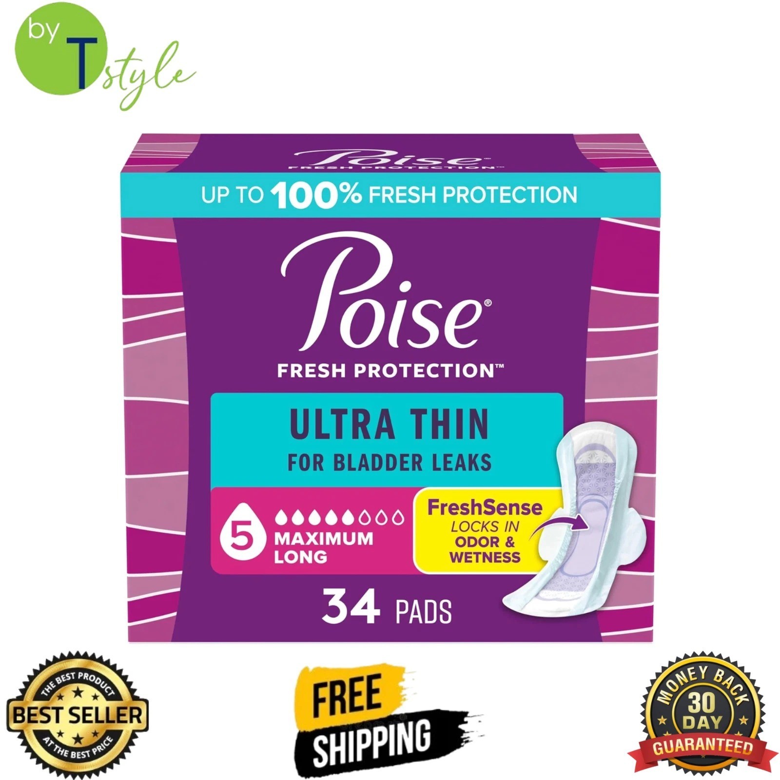 Poise Ultra Thin Incontinence & Postpartum Pads – 34 Count, Packaging May Vary