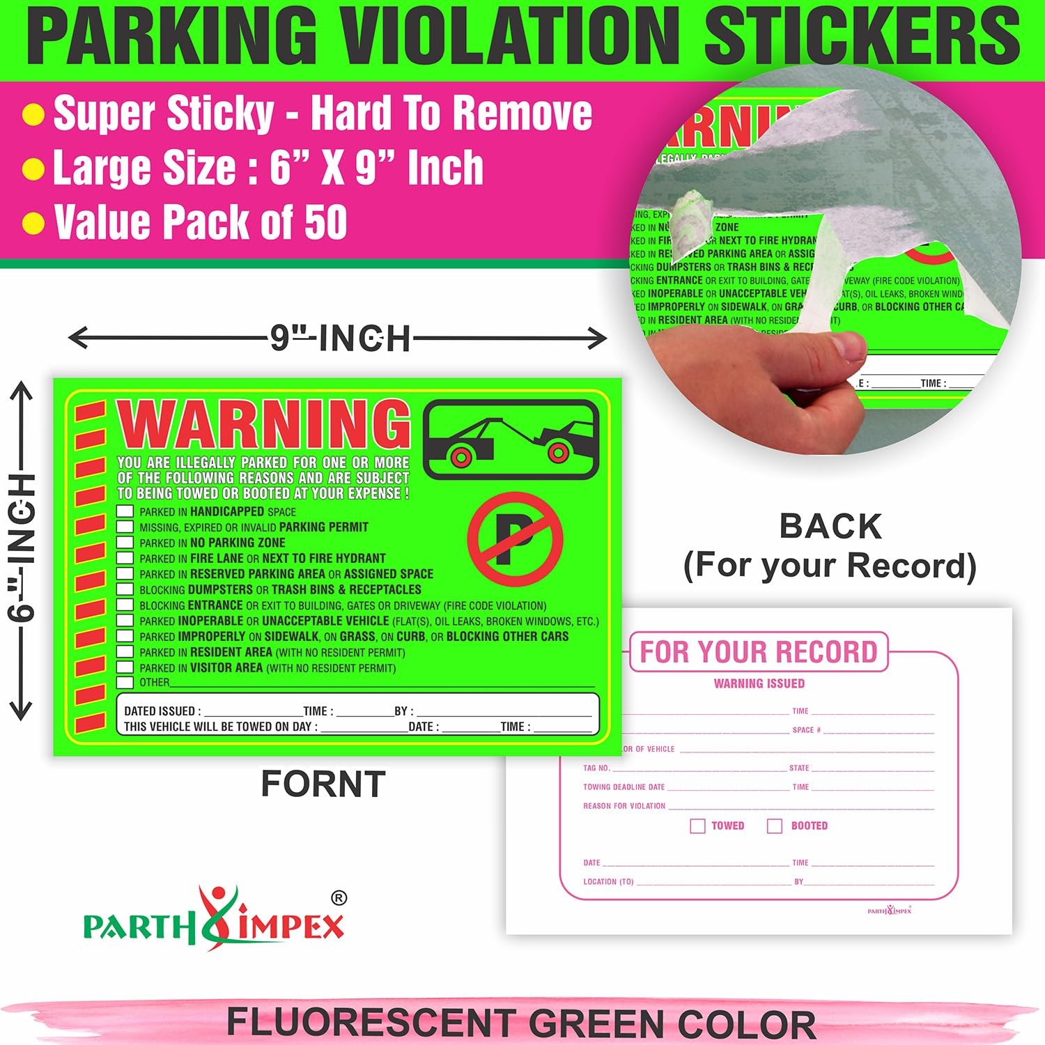 Parking Violation Stickers Notice (Pack of 50) Tow Warning You are Illegally …