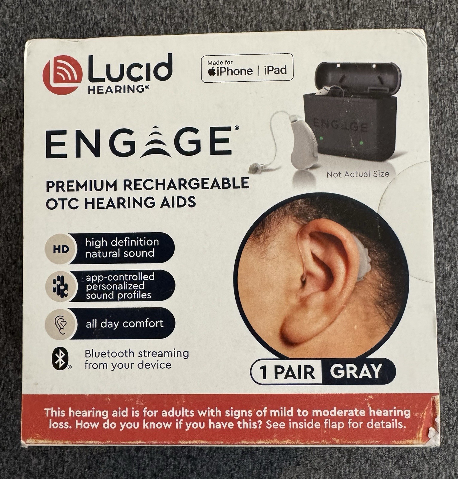 Lucid Hearing BT Engage Premium OTC Hearing Aids For IPHONE / IPAD GRAY New!!