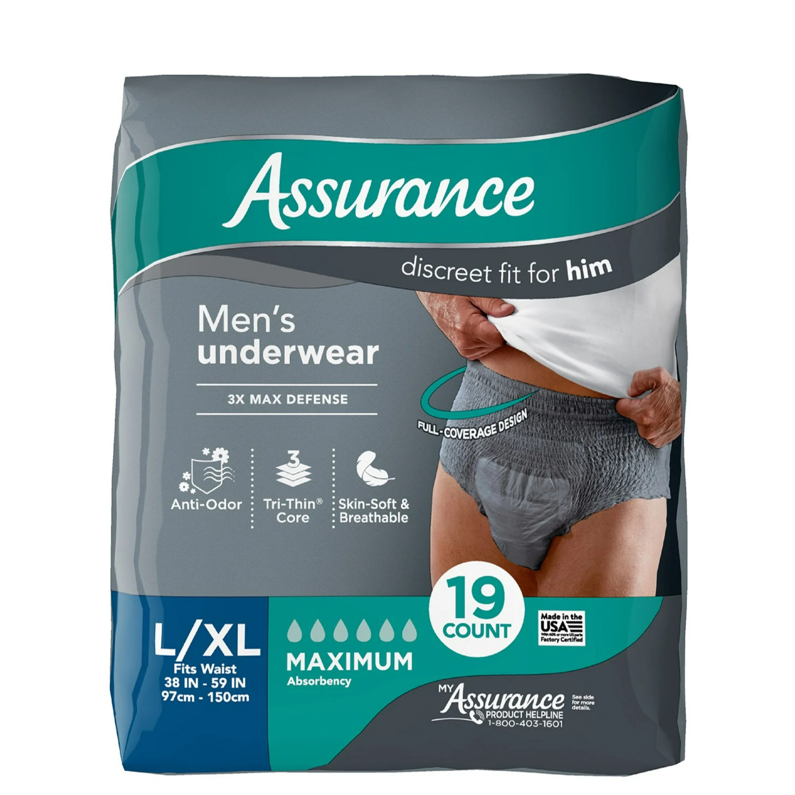 Assurance Men Incontinence Underwear Max Absorbency Size L/XL 19ct (2 Pack)