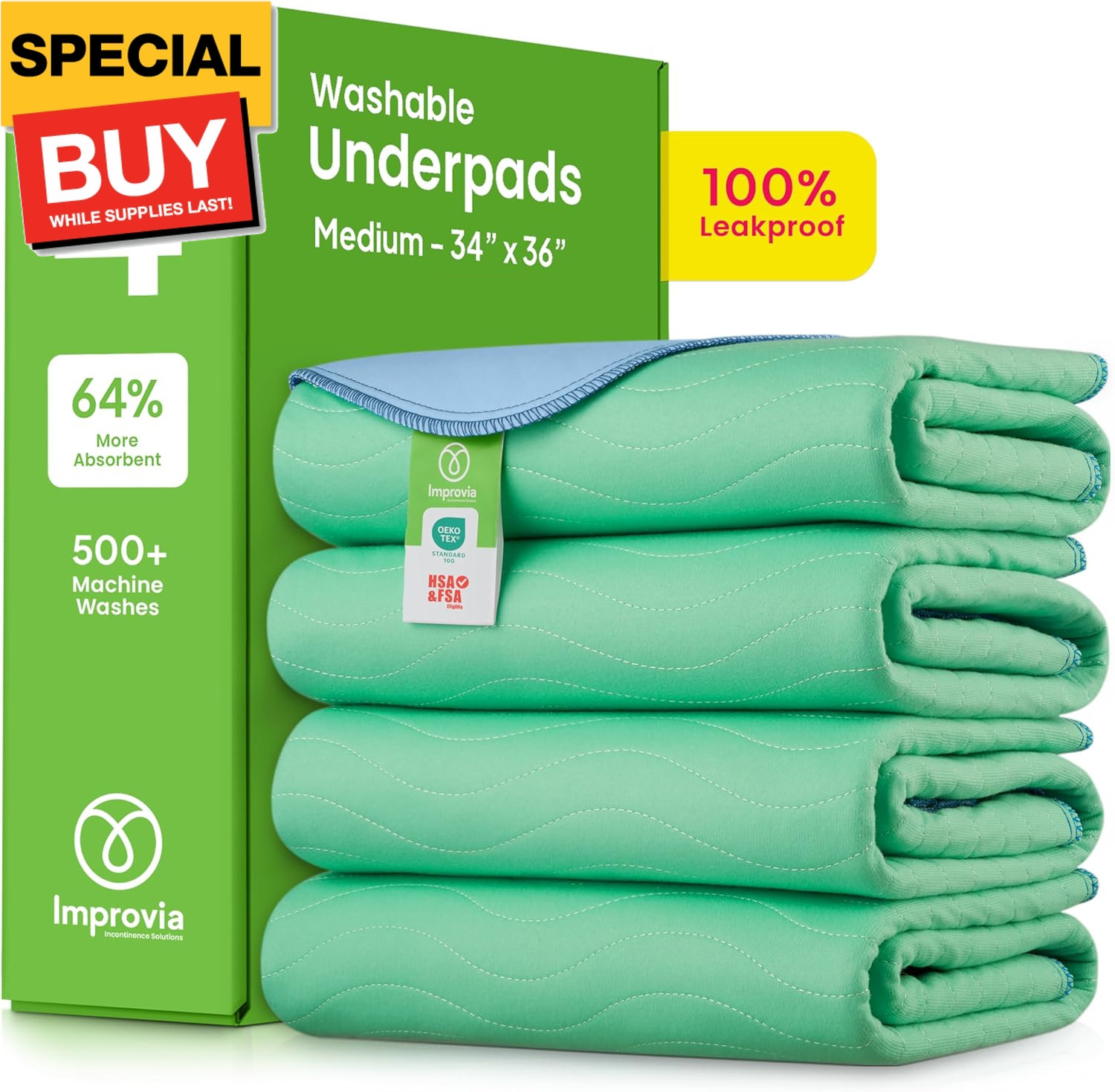 ® Washable Underpads, 34″ x 36″ (Pack of 4) – Heavy Absorbency Reusable Bedwetti