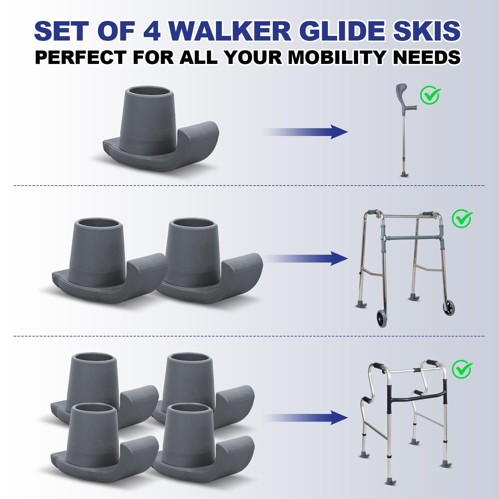 Walker Ski Glides, 4 Pack Durable Ski Glides for Folding Walkers, Universal Fit