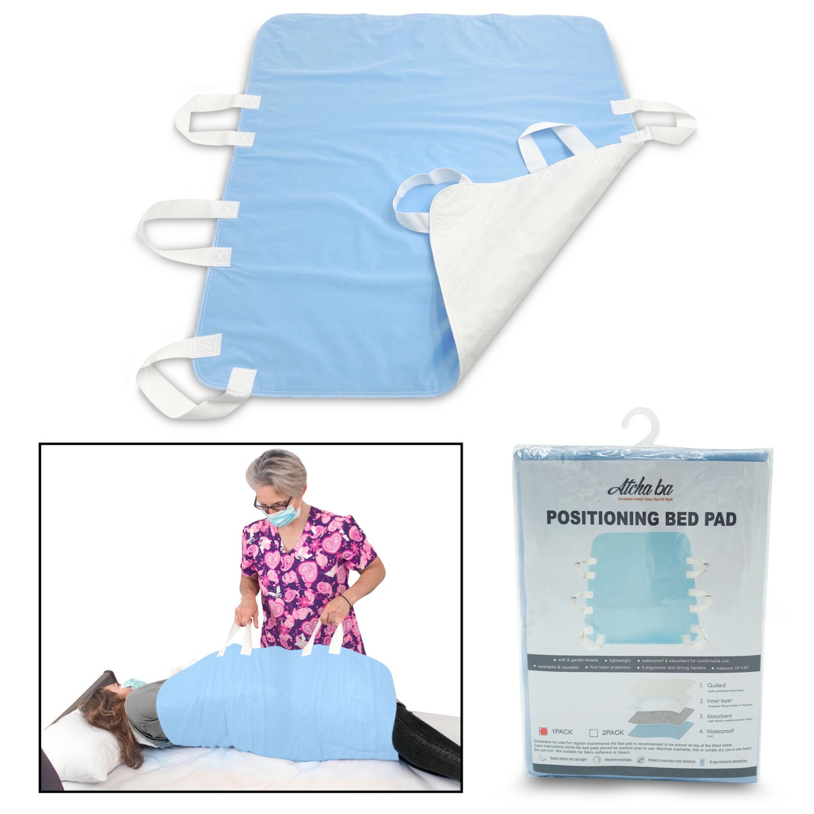 Atcha Ba Waterproof Positioning Bed Pad with 6 Handles, Reusable Incontinence