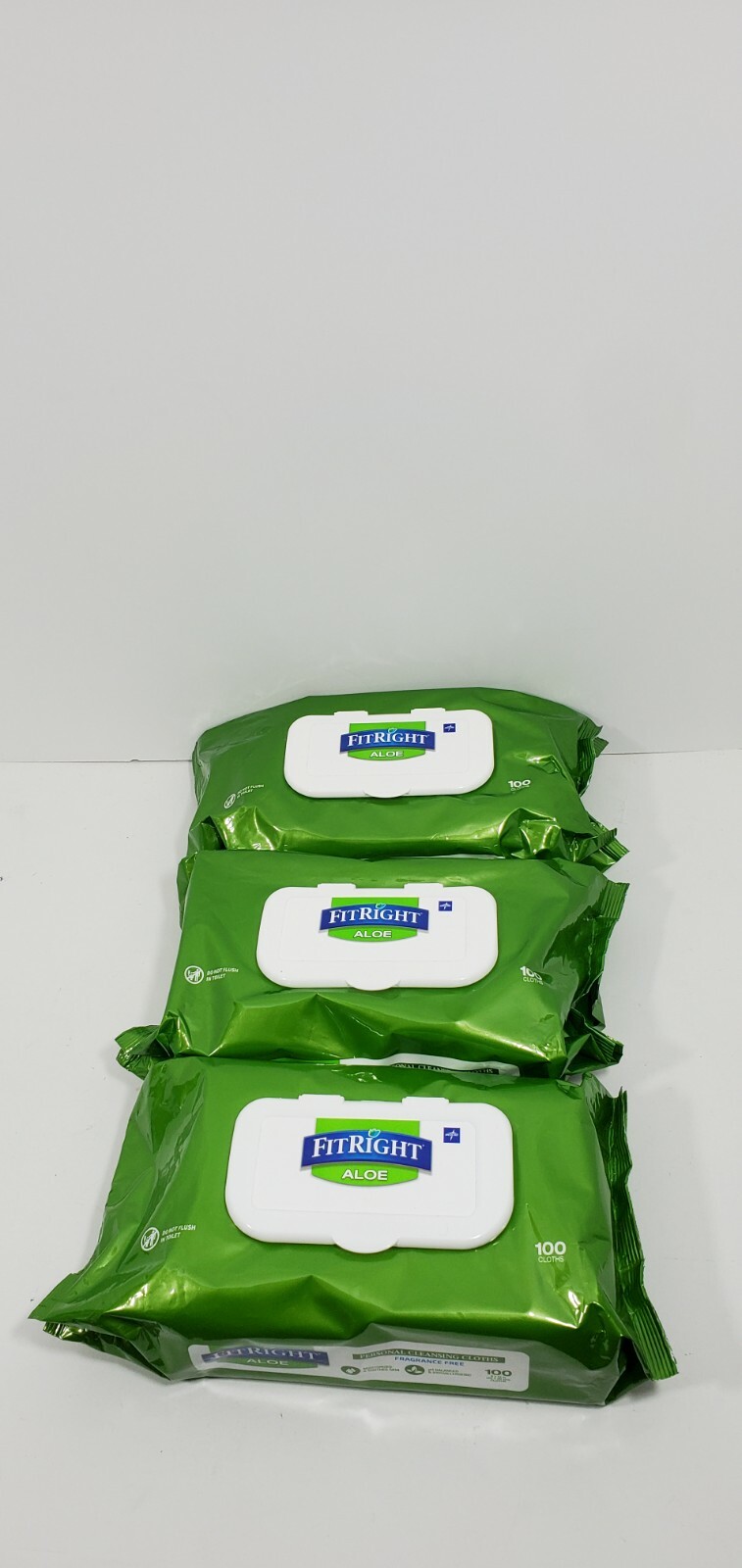 3 packs of Medline FitRight Aloe Fragrance Free Wipes Dispenser Pack of 100 each