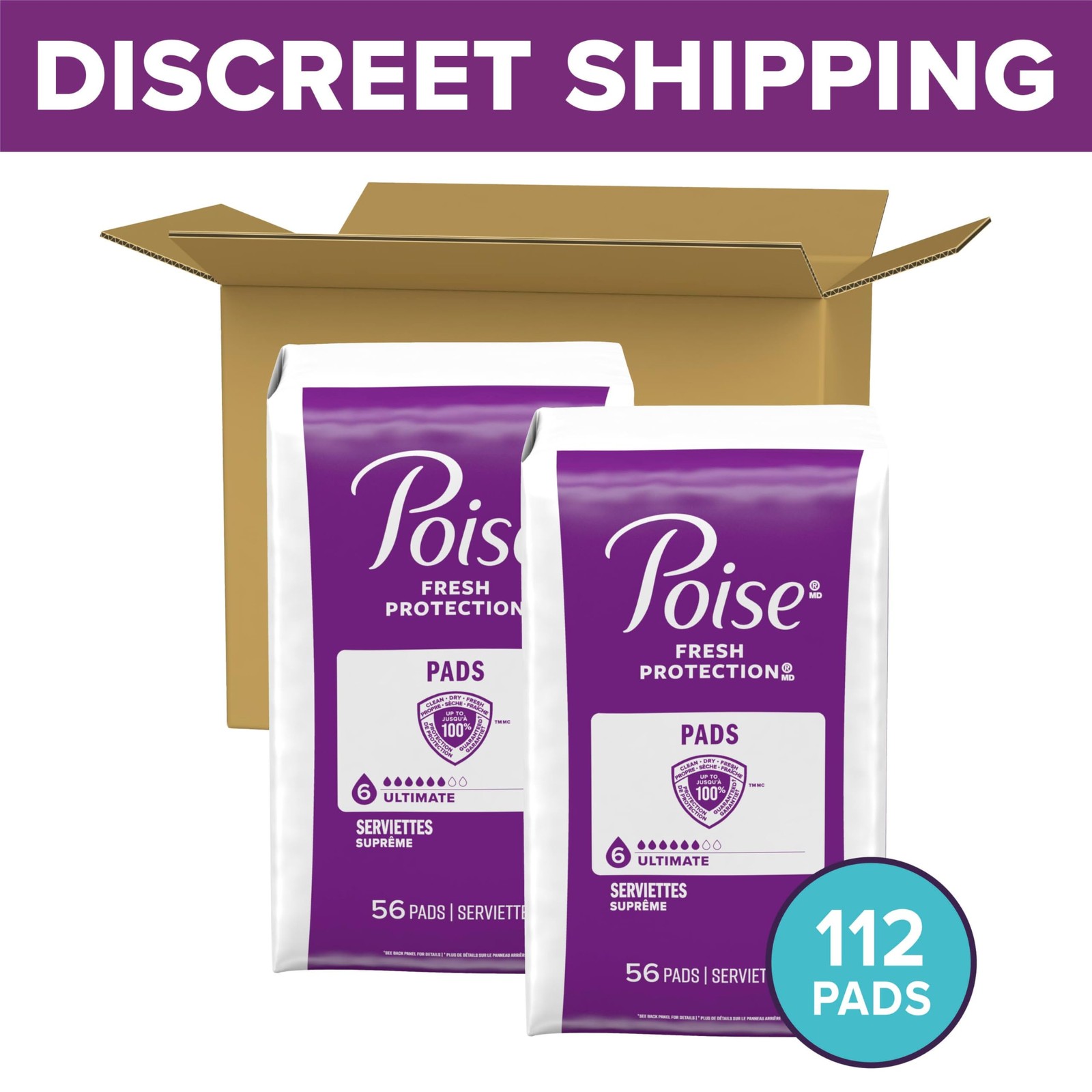 Poise Incontinence & Postpartum Pads for Bladder Leaks, 6 Regular, Purple