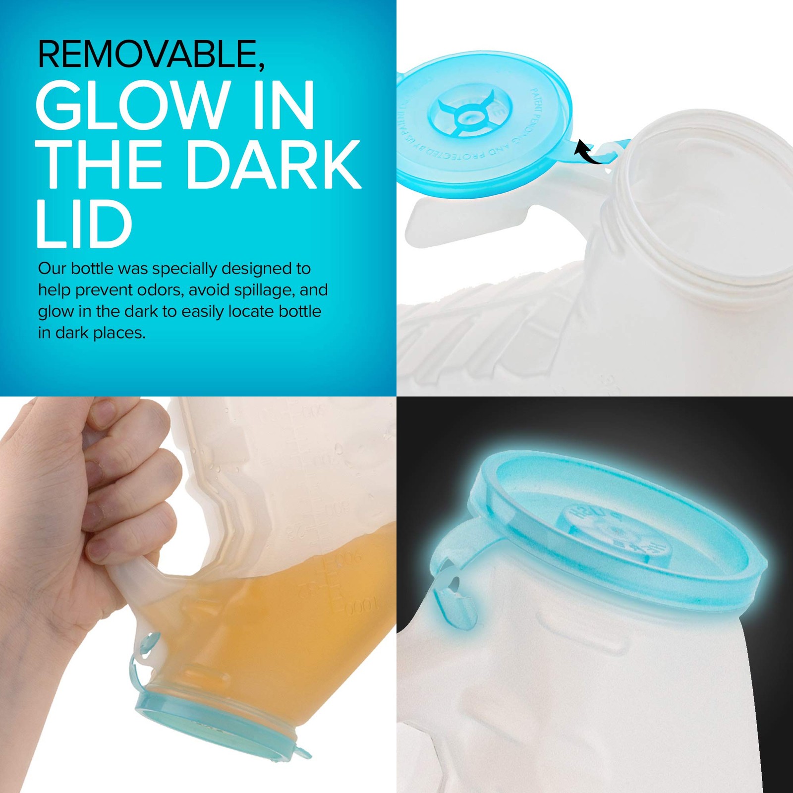 Male Urinal with Glow in The Dark Lid (2 Bottles) 32 Oz Urine 2 Pack, White