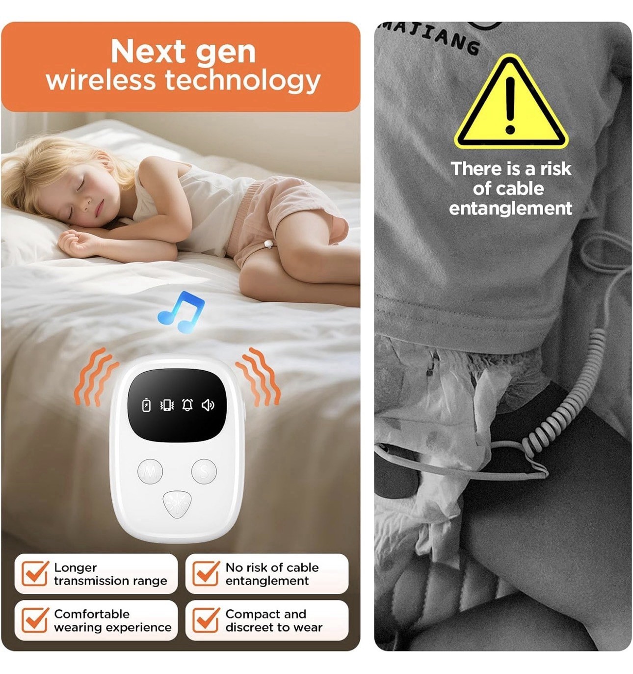 Wireless Bedwetting Alarm Kids Adults 7 Ringtones Vibration Waterproof New