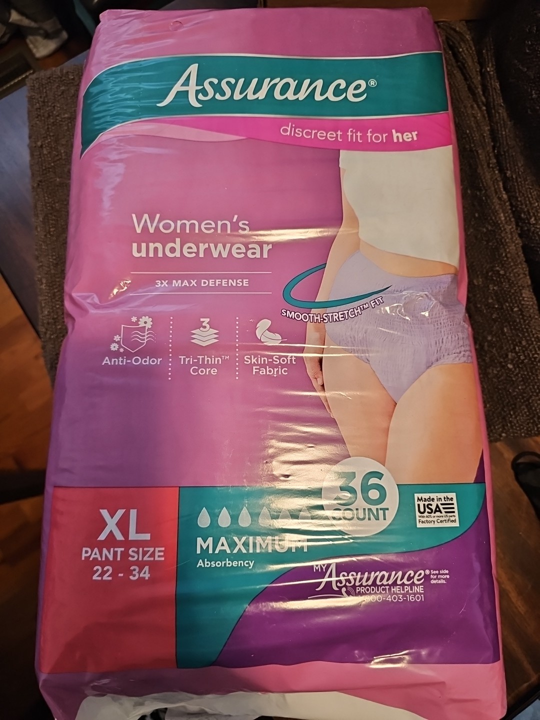 Assurance Xl Womens Underwear Pant Size 22-34. 36 Count (B11)