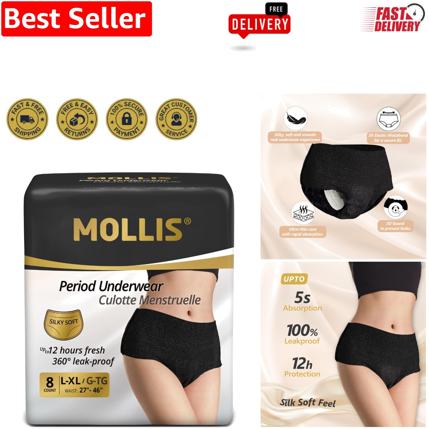 Leak-Proof Disposable Period Underwear for Heavy Flow – 8 Pack, Black XL
