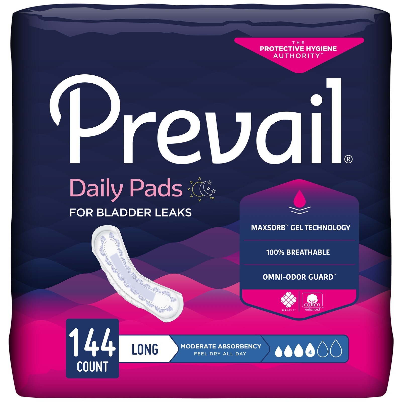 Prevail Daily Bladder Control Pad, Moderate Absorbency, Long 11 Inch, 144 Ct