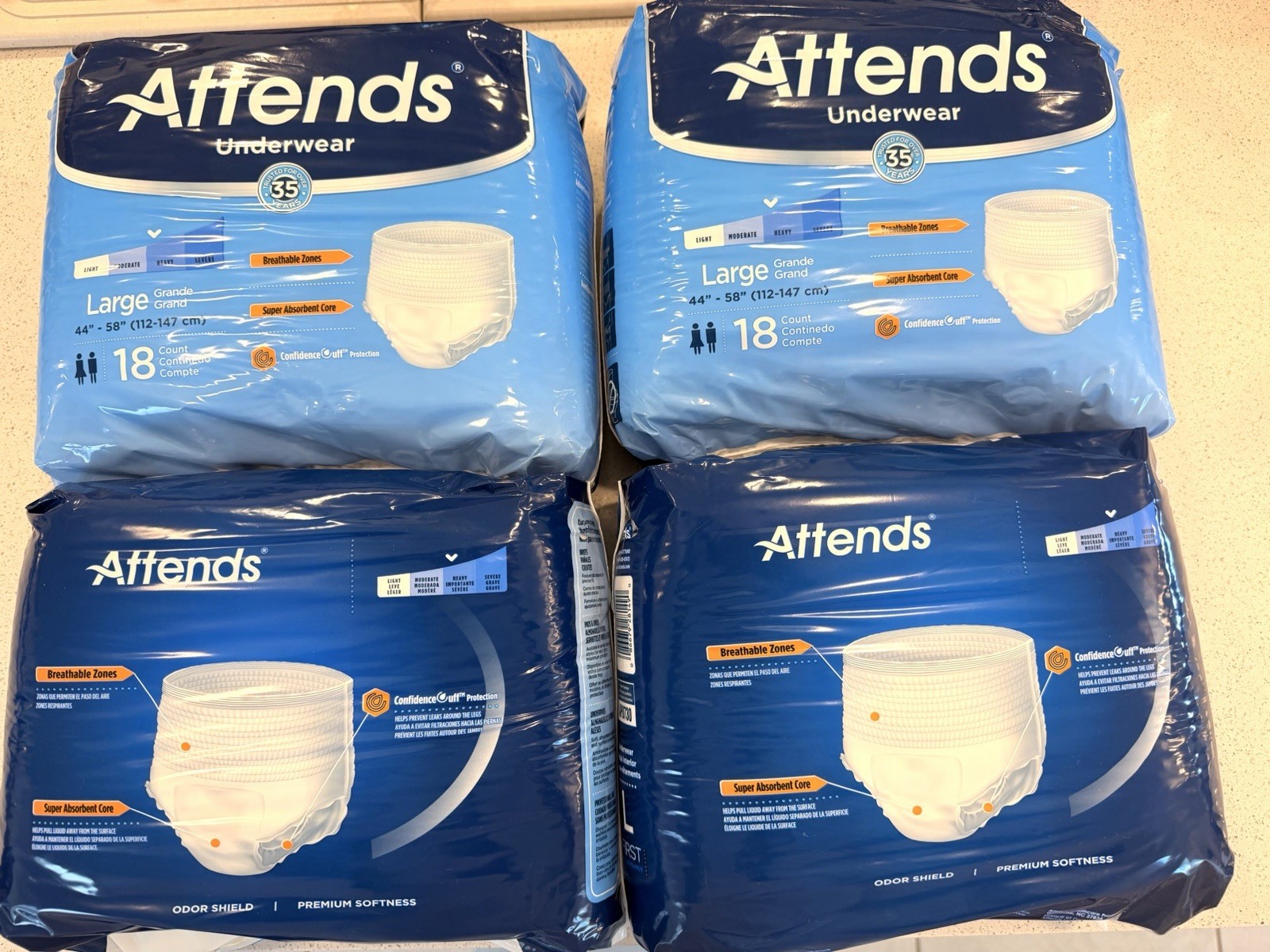 Lot of 4 Attends Large Adult Underwear 72 Total Count (4×18) Sealed New