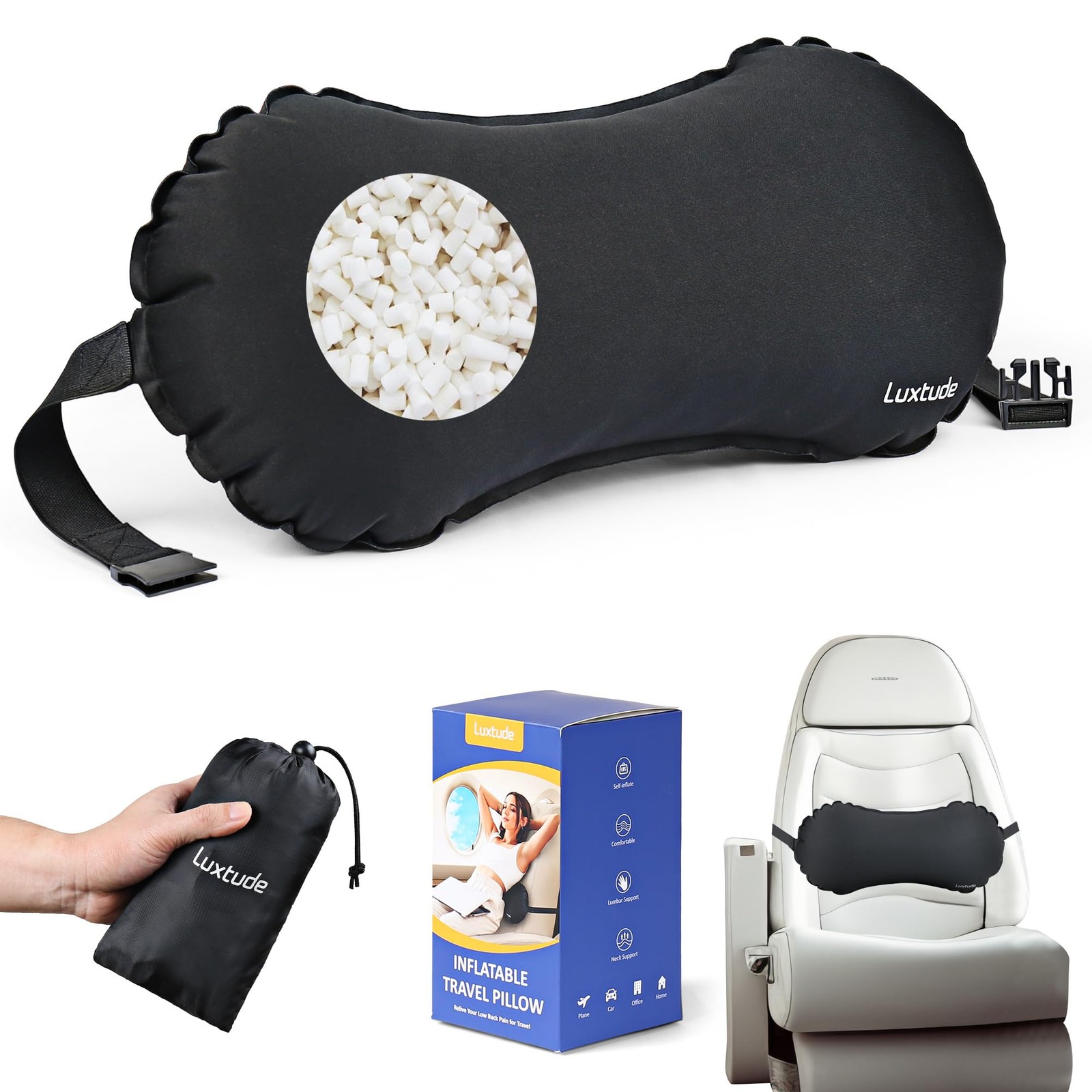 Luxtude Inflatable Lumbar Pillow for Airplane Travel, Support Black