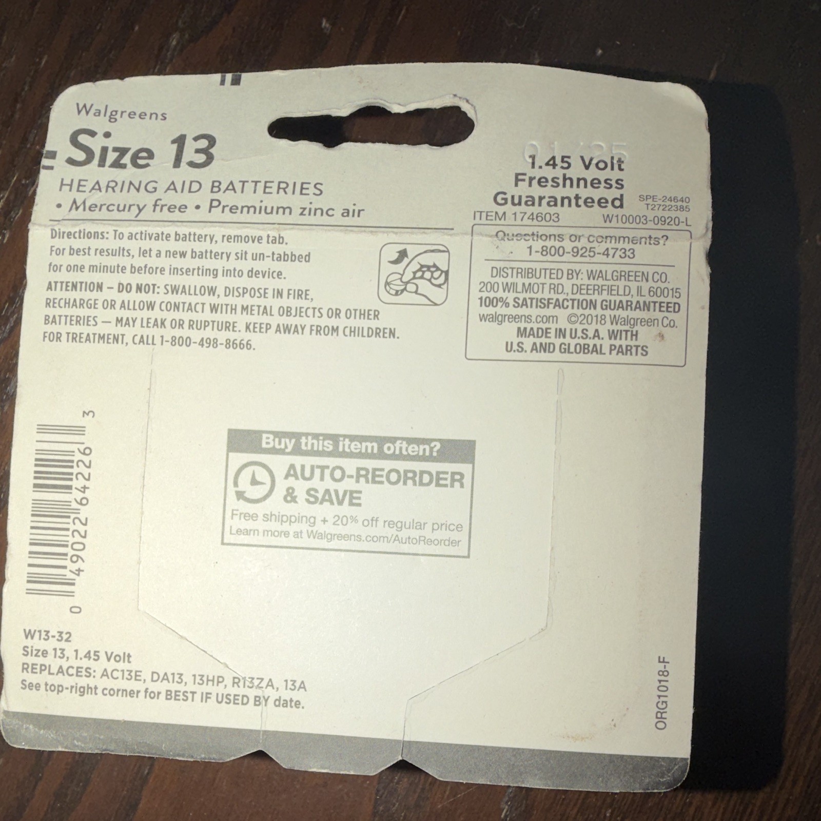 Walgreens Size 13 (Orange) Zinc-Air Hearing Aid Batteries 1.45V 32 Pack