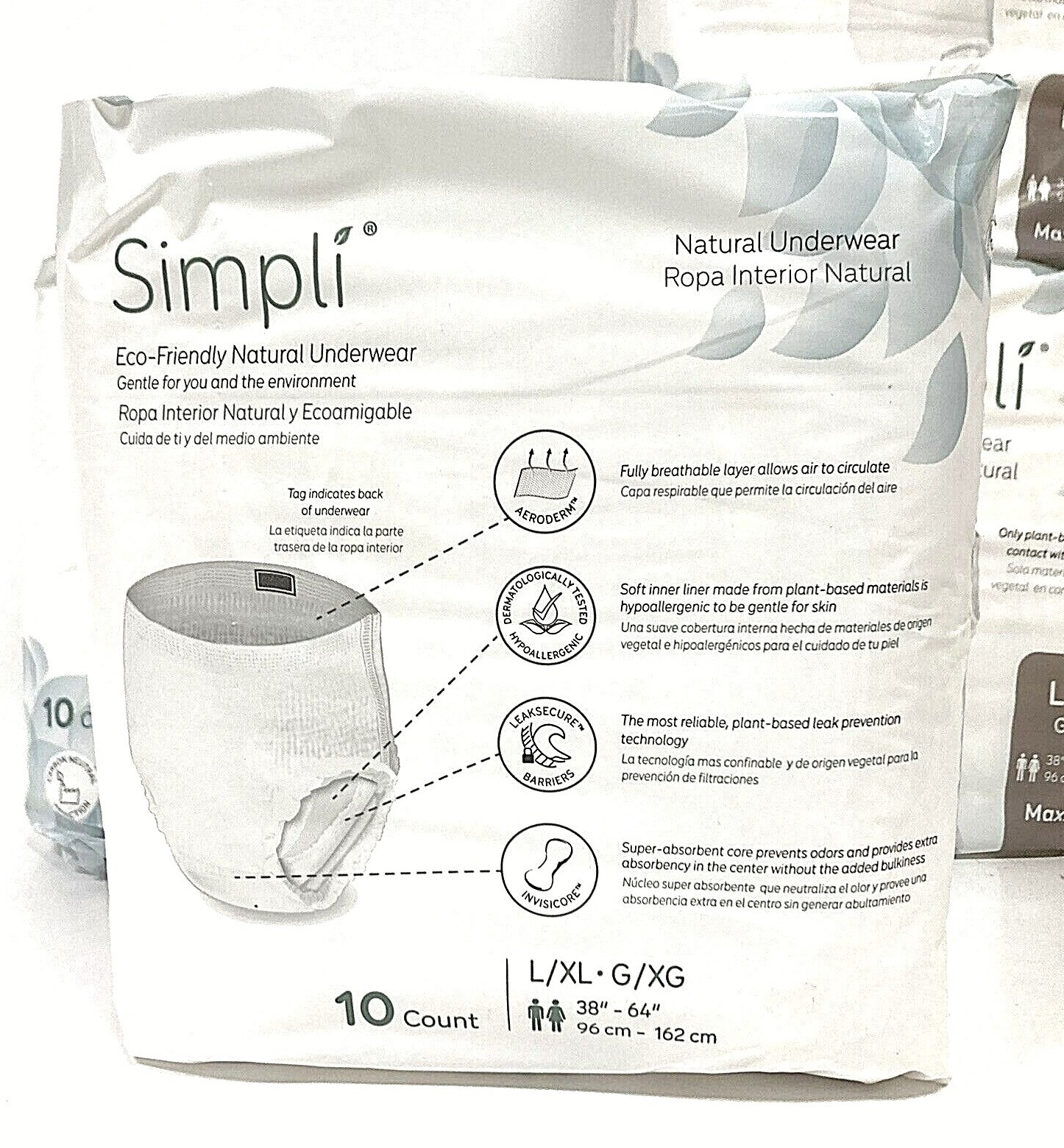 40 Count Simpli Adult L/XL Natural Plant-Based Super-Absorbent Underwear 38”-64”