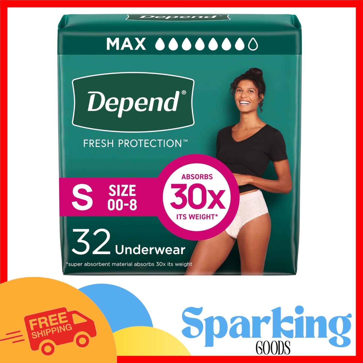 Small Depend Fresh Protection Adult Diapers – 32 Count, OdorBlock Tech, Blush