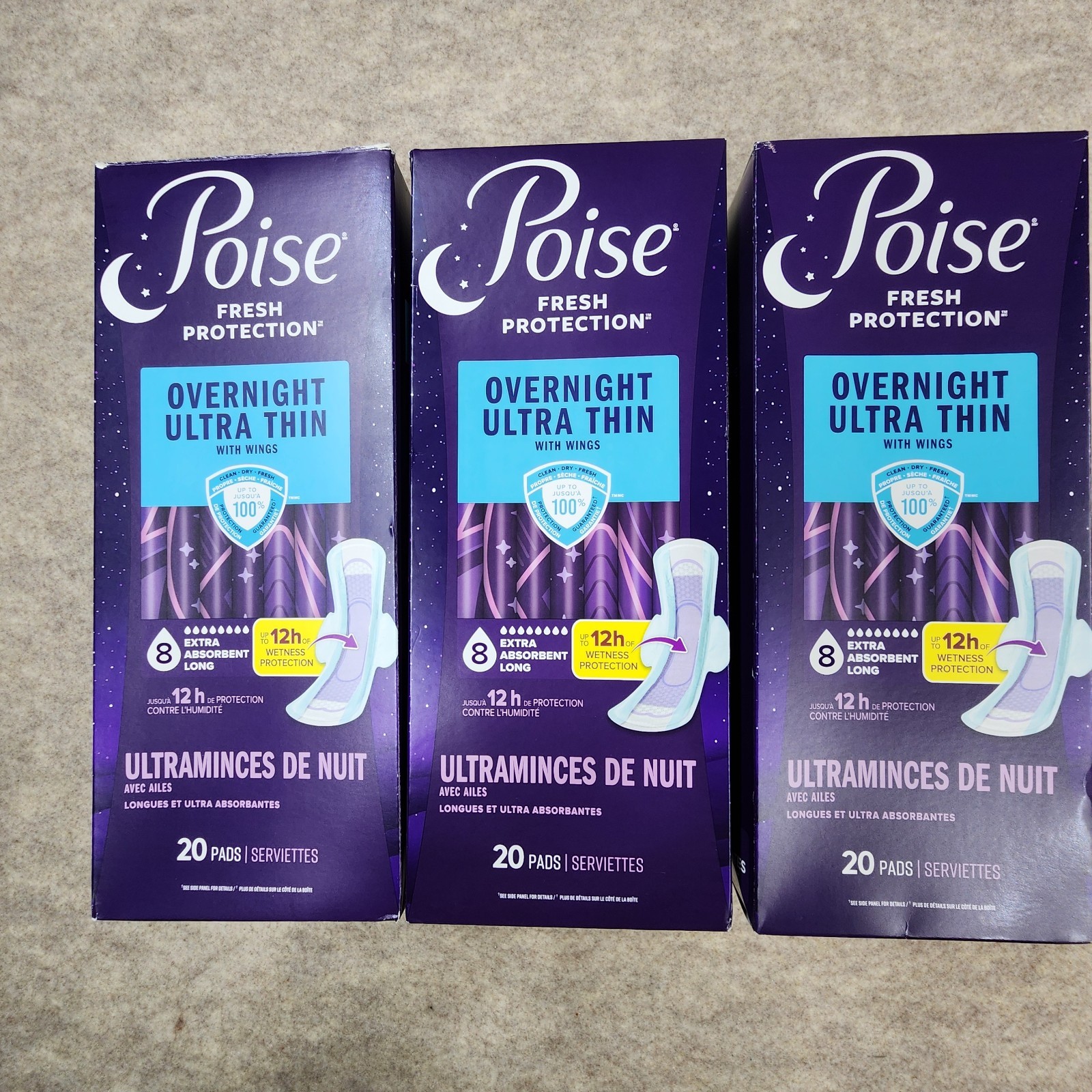 Poise Overnight Ultra Thin Incontinence Pads w/ Wings 8 Drop 20 Ct Lot of 3