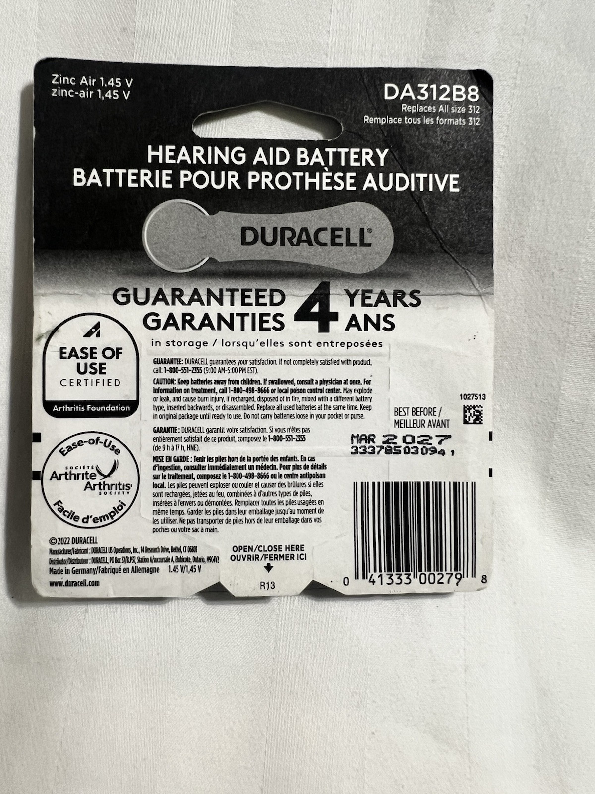 DURACELL 312 Zinc Air 1.45 V~ 8 Batteries~ DA312B8~ Expire 3/27 for HEARING AID