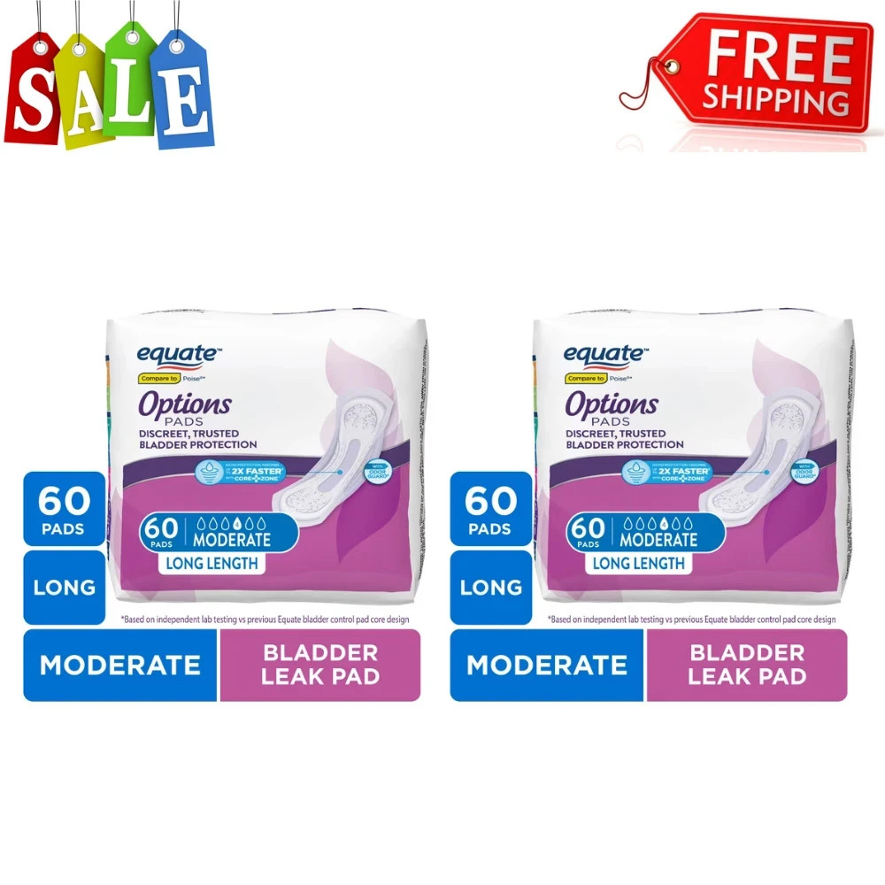 2PK Equate Options Women’s Incontinence Pads, Moderate Absorbency, Long, 60Count