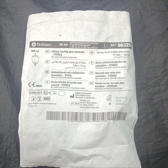 Hollister 9632B Sterile Urinary Leg Bag w/ Connector 800ml 50cm