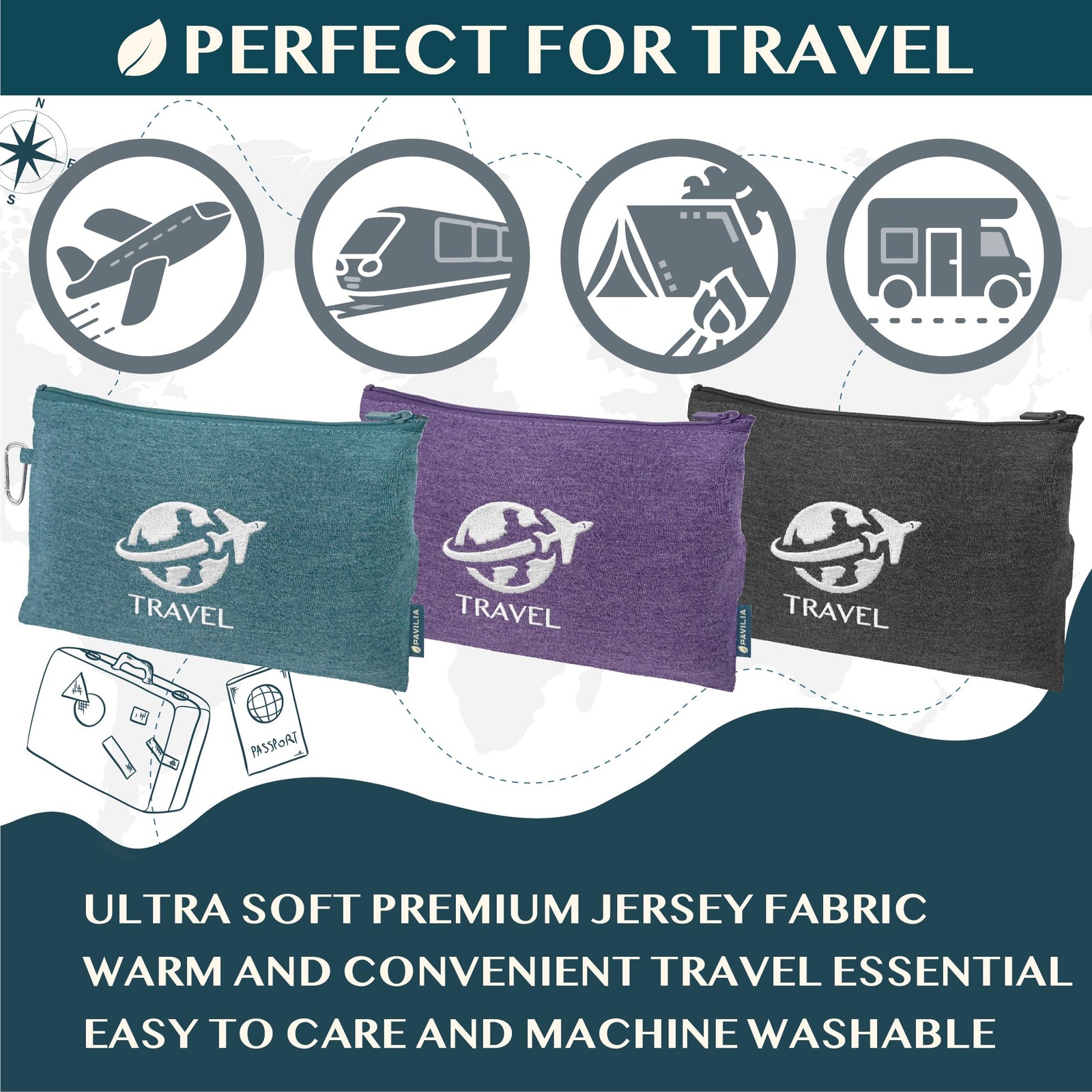 PAVILIA Travel Blanket Airplane Compact with Bag, Small 65 x 40 inches, Black