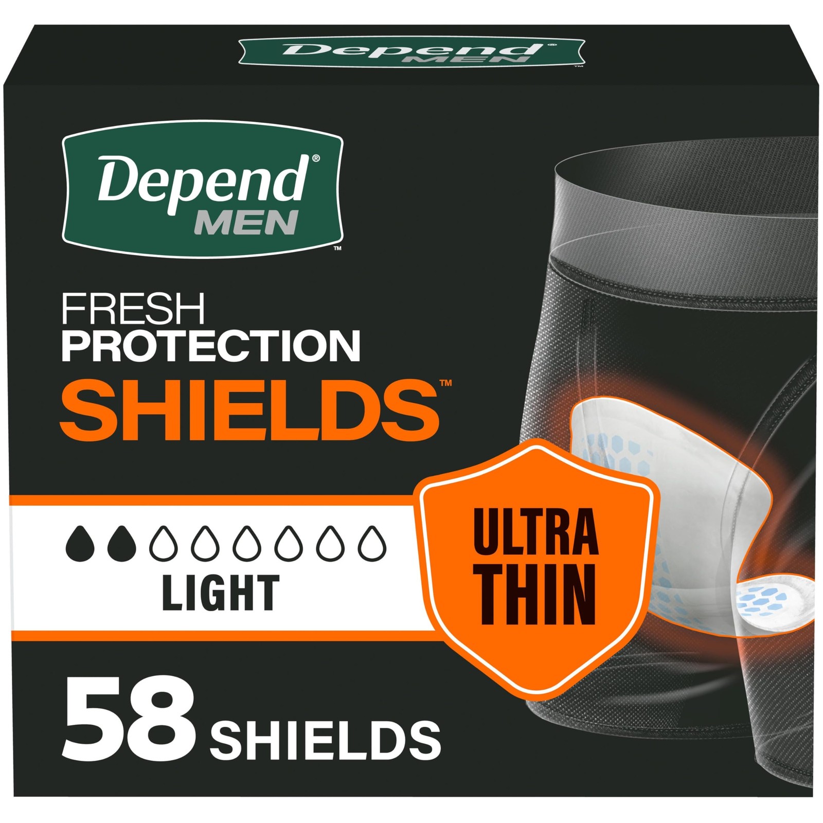 Depend Shields Incontinence Pads for Men, Light 58 Count (Pack of 1), White
