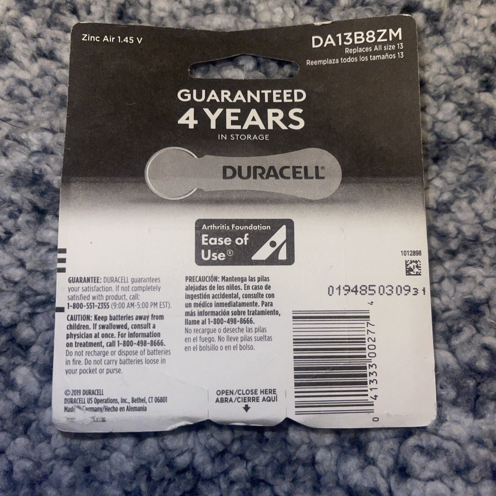 Lot of 2 8-pack Duracell Size 13 Hearing Aid Batteries DA13B8ZM EXP: 03/2023