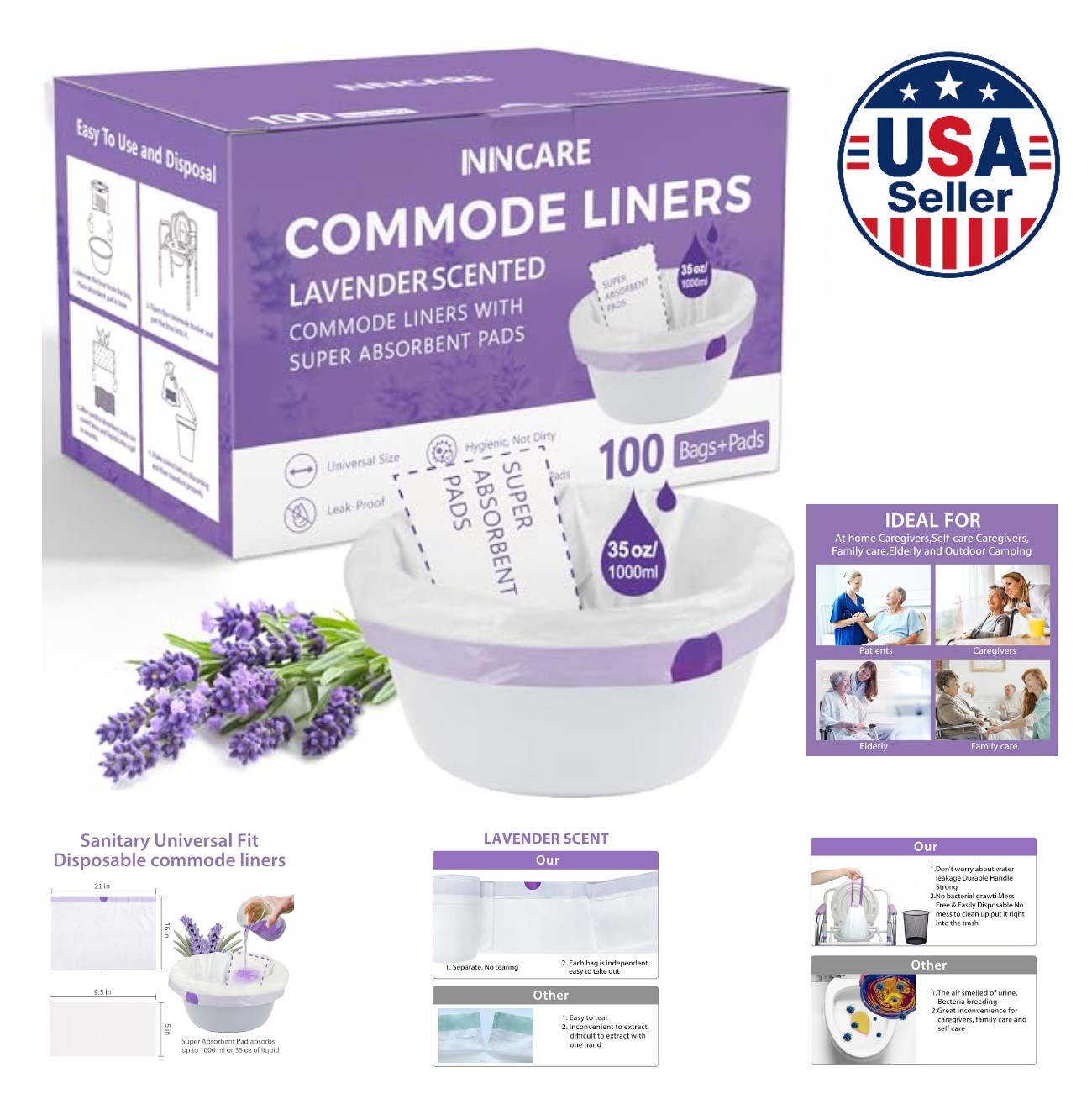 Commode Liners with Absorbent Pads 100 Lavender Scented Bags for Bedside Toilet